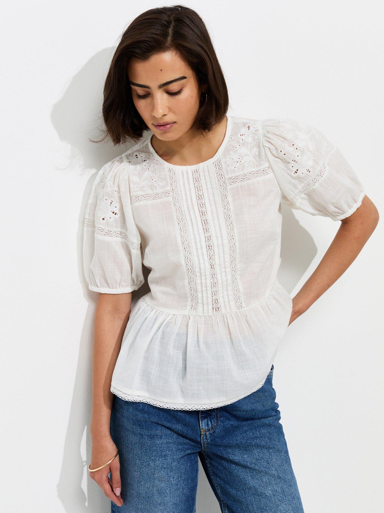 New Look Cotton Lace Trim Puff Sleeve Blouse - White