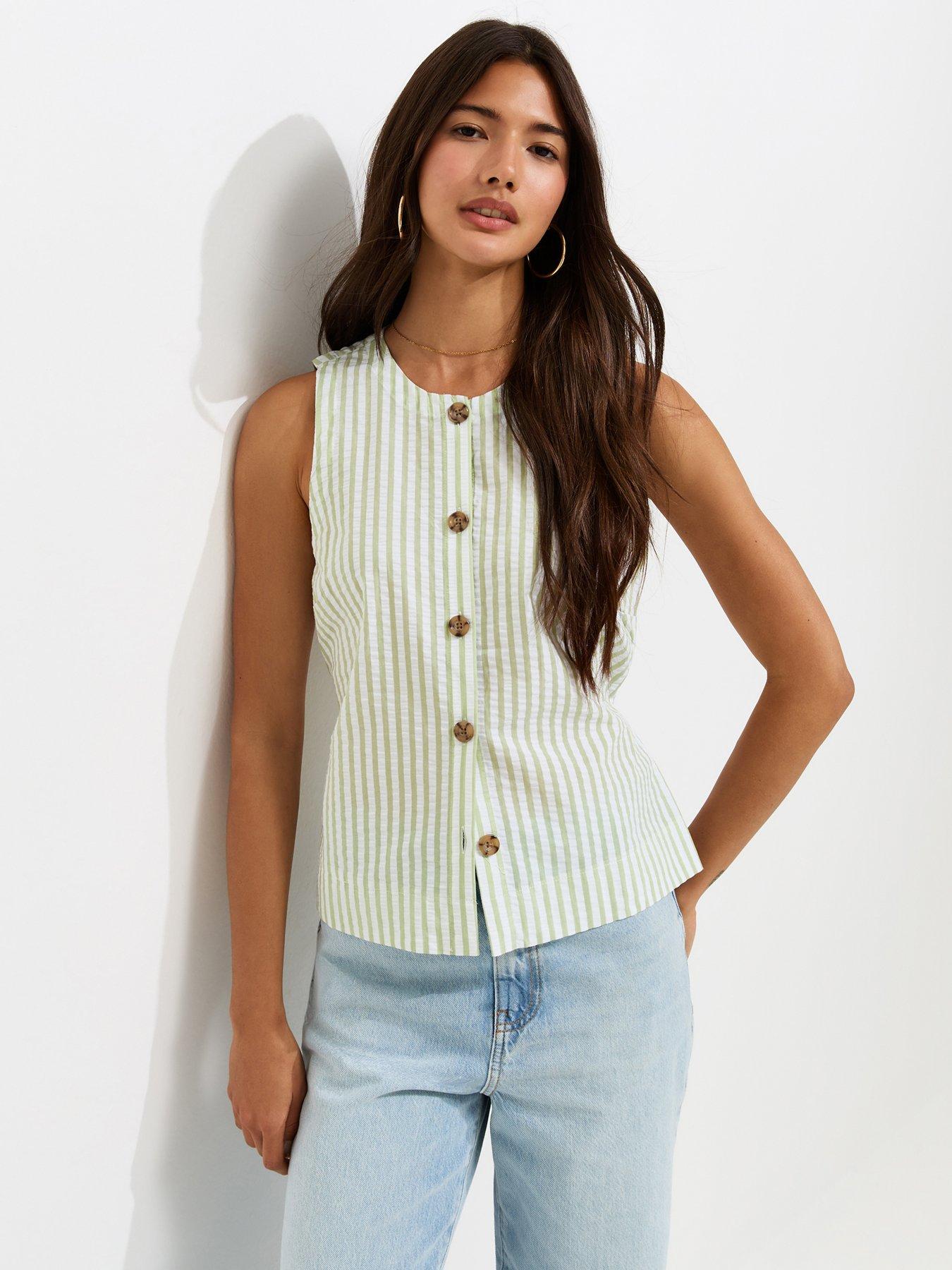 New Look Seersucker Stripe Button Front Sleeveless Top - Green