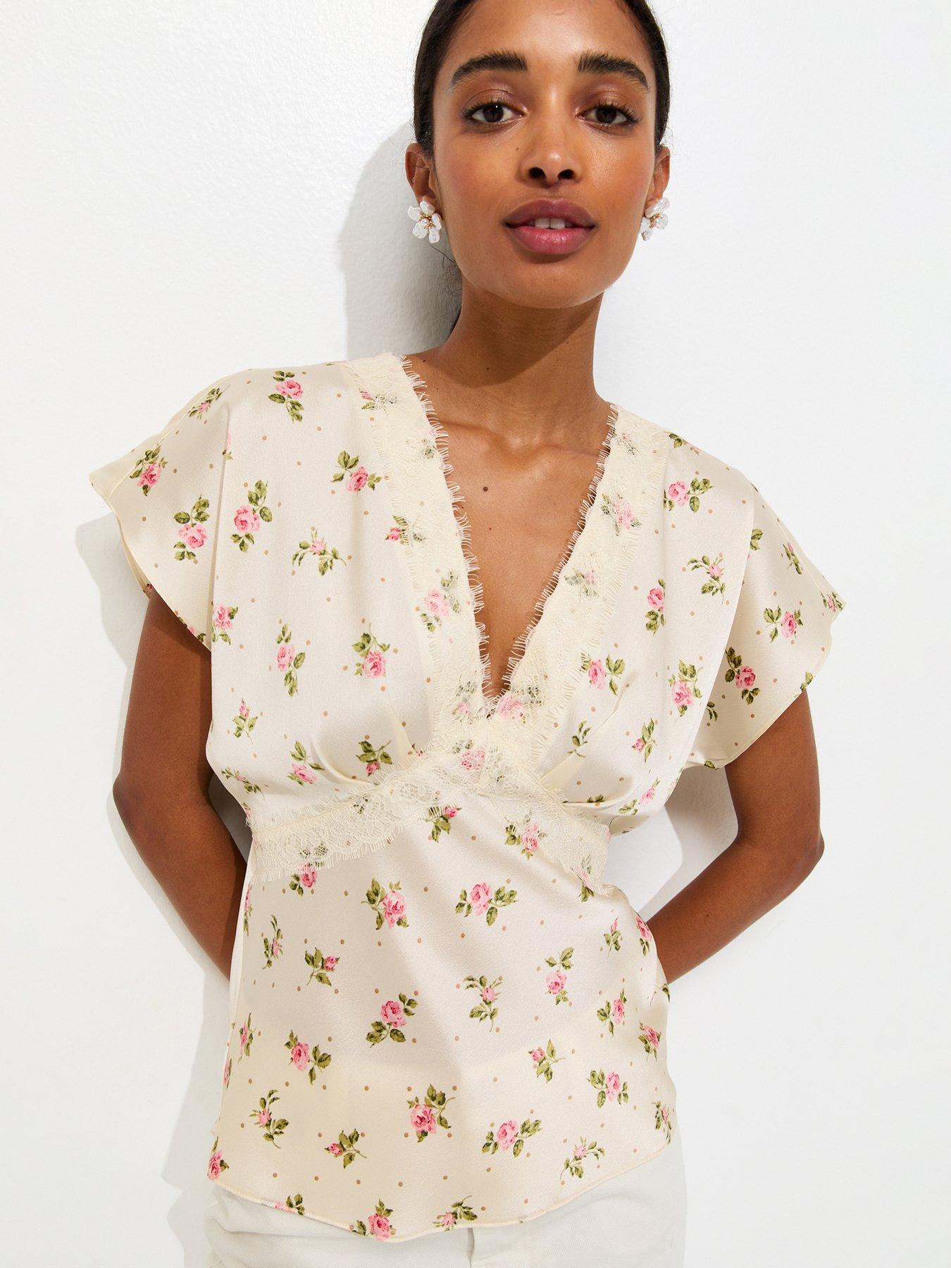 New Look Satin Floral Lace Trim Tea Top - Cream