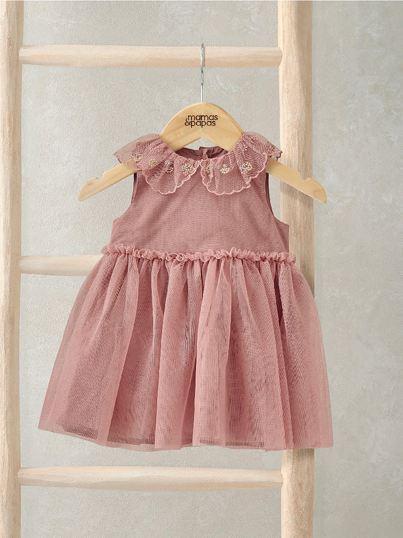 Mamas & Papas Baby Girls Floral Embroidered Collar Mesh Dress - Pink