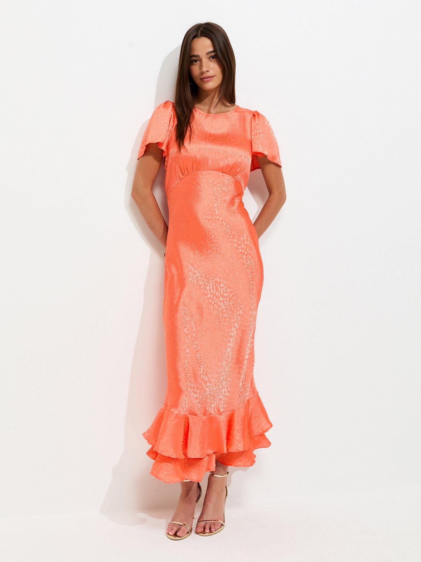 New Look Satin Ruffled Hem Midi Dress - Orange