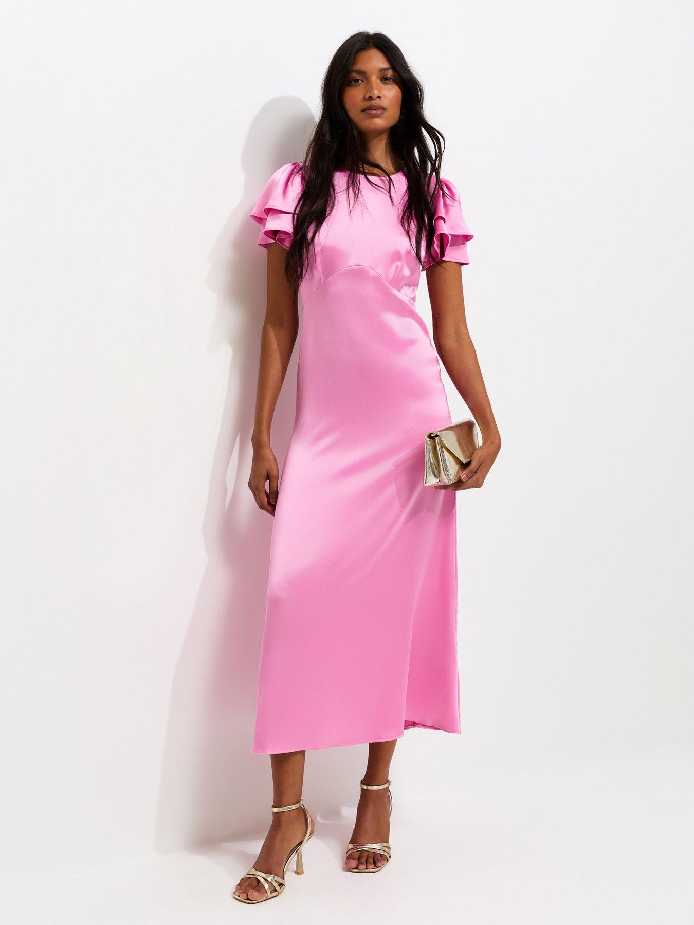 New Look Satin Flutter Sleeve Midi Dress - Bright Pink