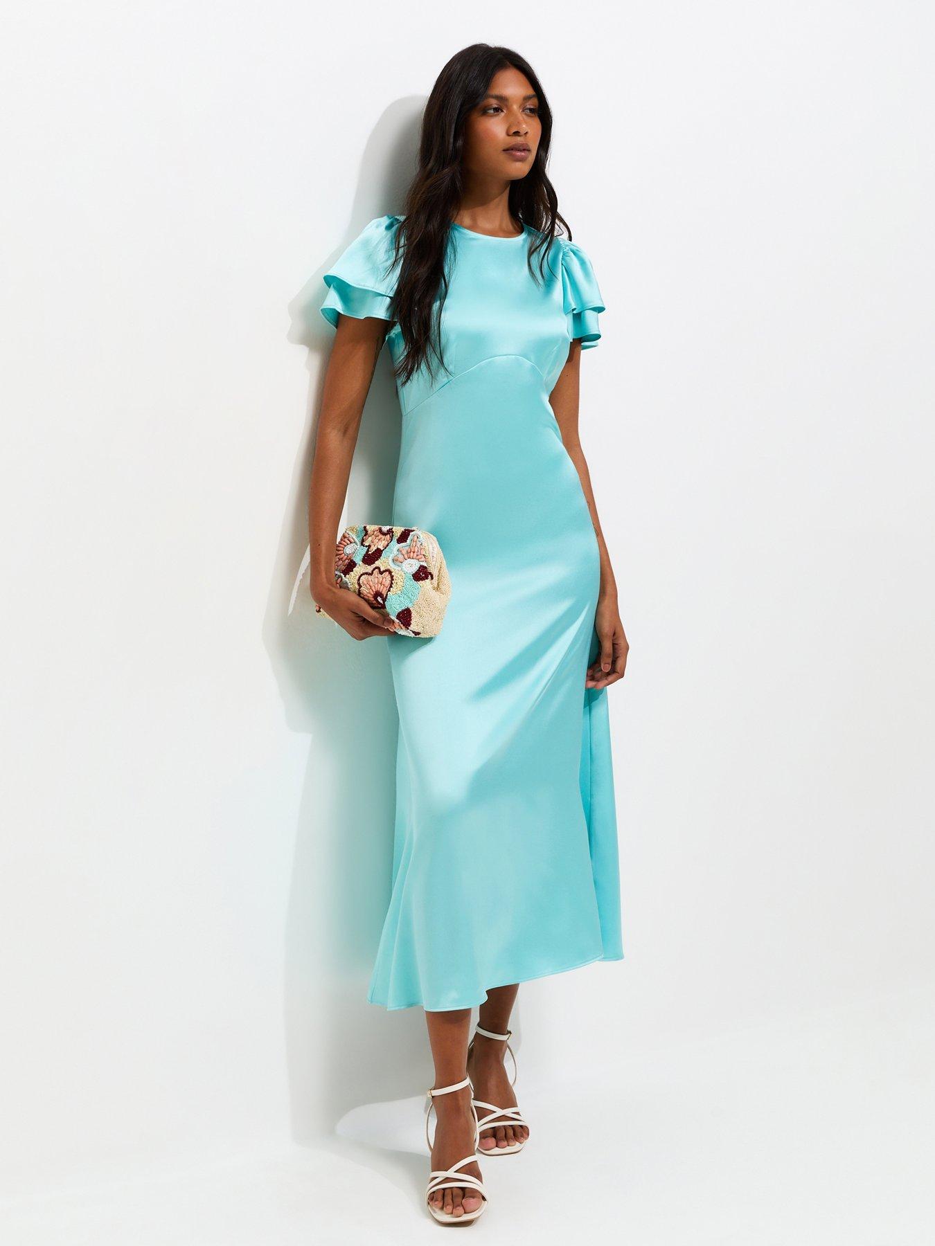 New Look Satin Flutter Sleeve Midi Dress - Light Blue