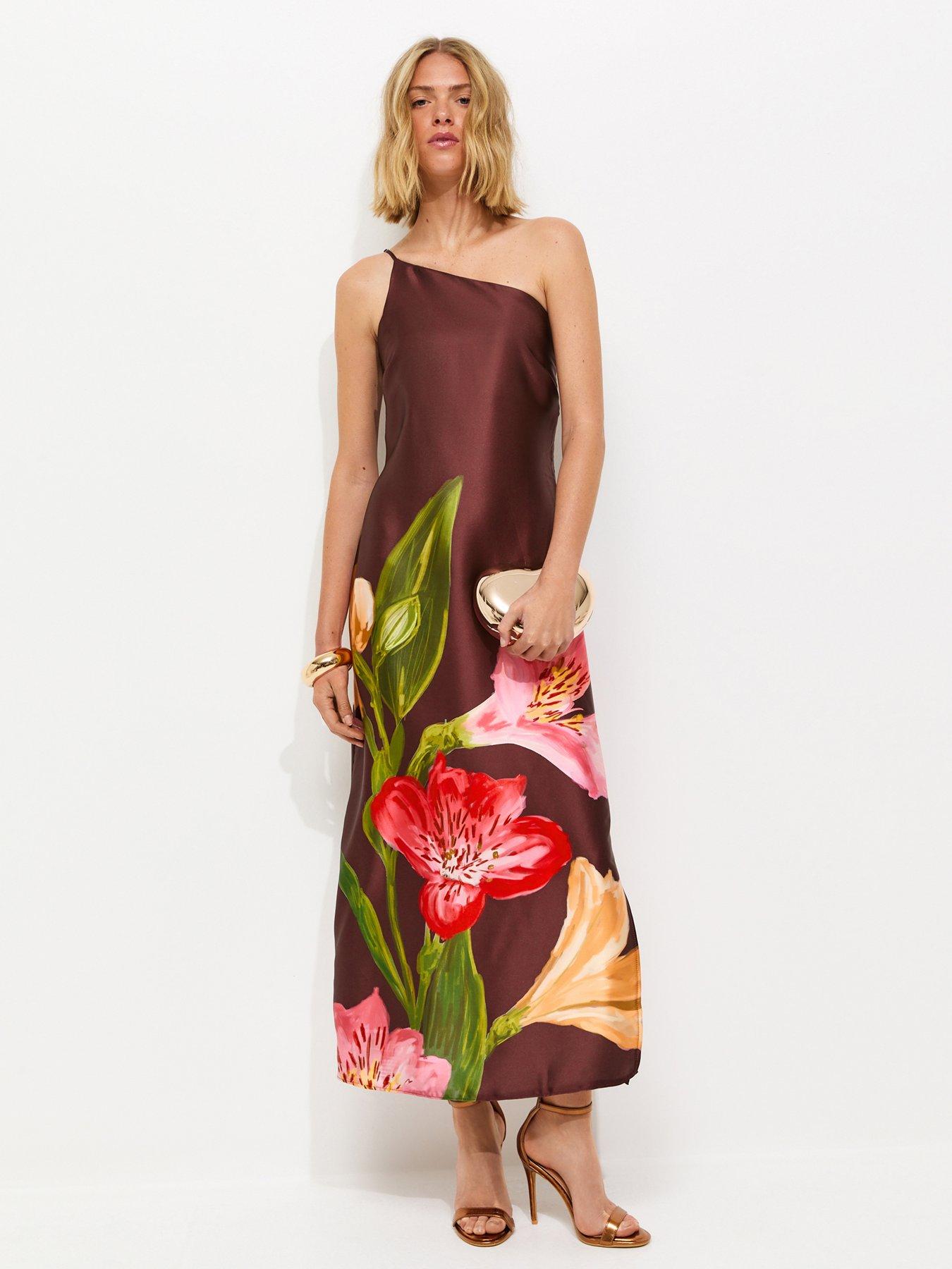 New Look Brown Satin Floral One Shoulder Midi Dress