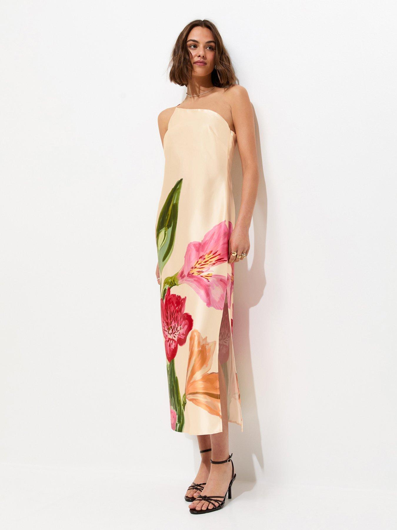 New Look Floral One Shoulder Midi Dress - Cream