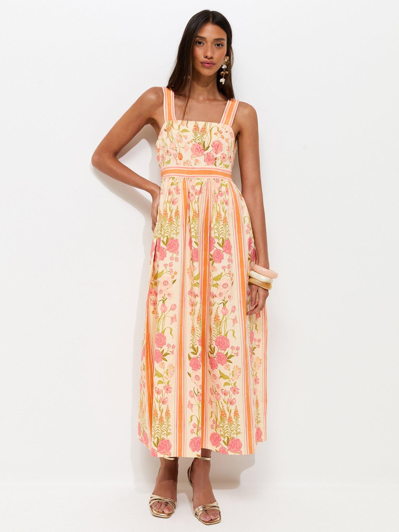 New Look Border Floral Print Midi Dress- Orange