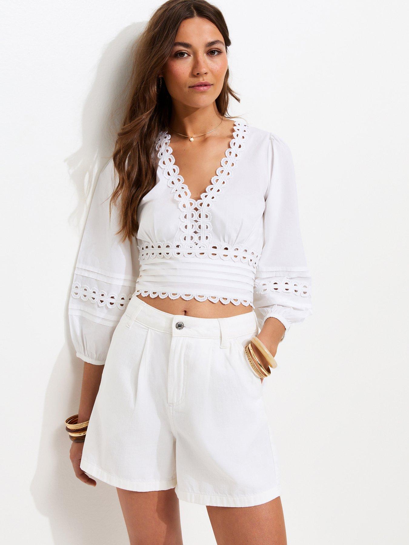 New Look Denim Pleated Shorts - White