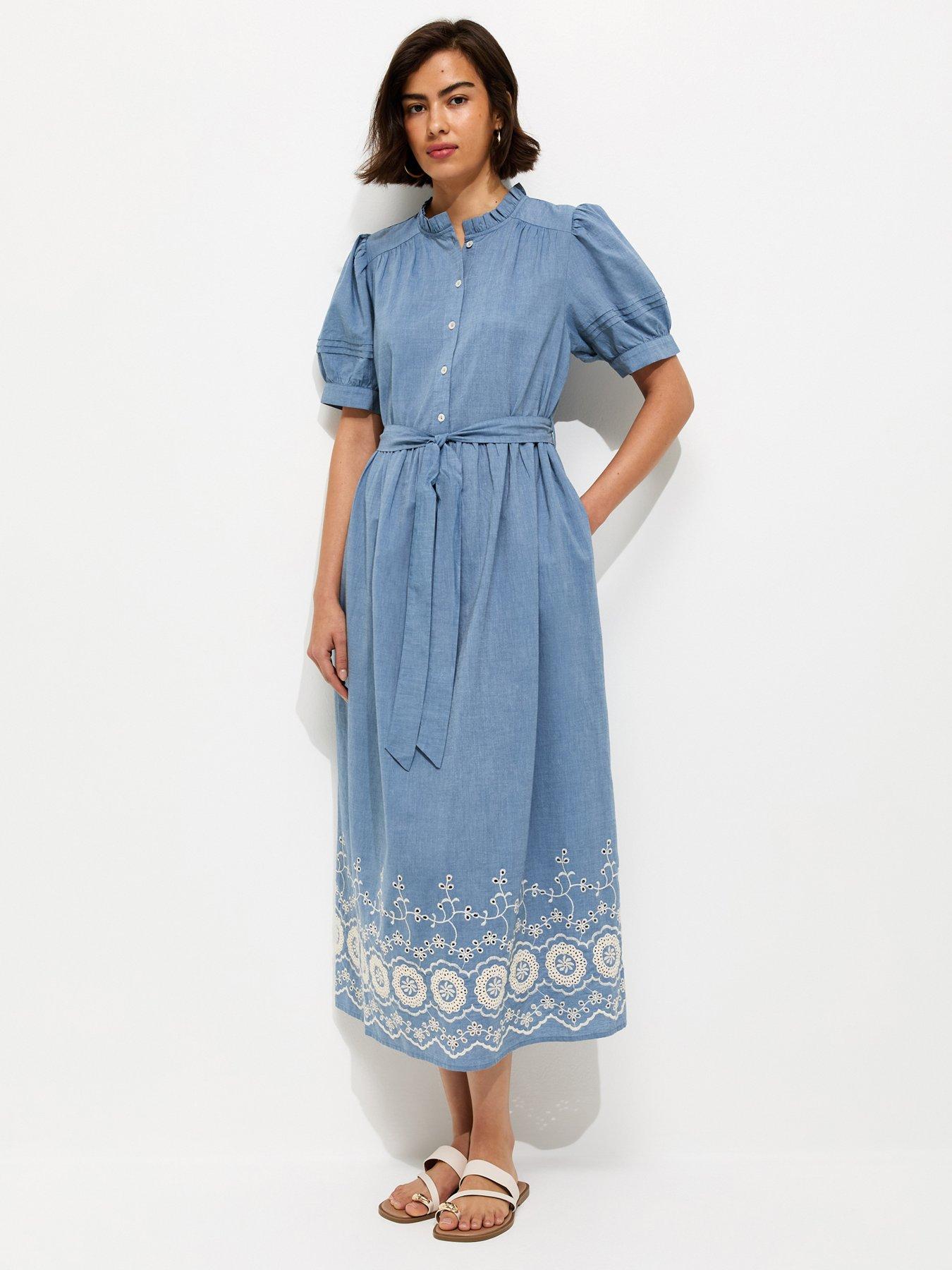 New Look Cotton Chambray Grandad Neck Broderie Midi Dress - Light Blue