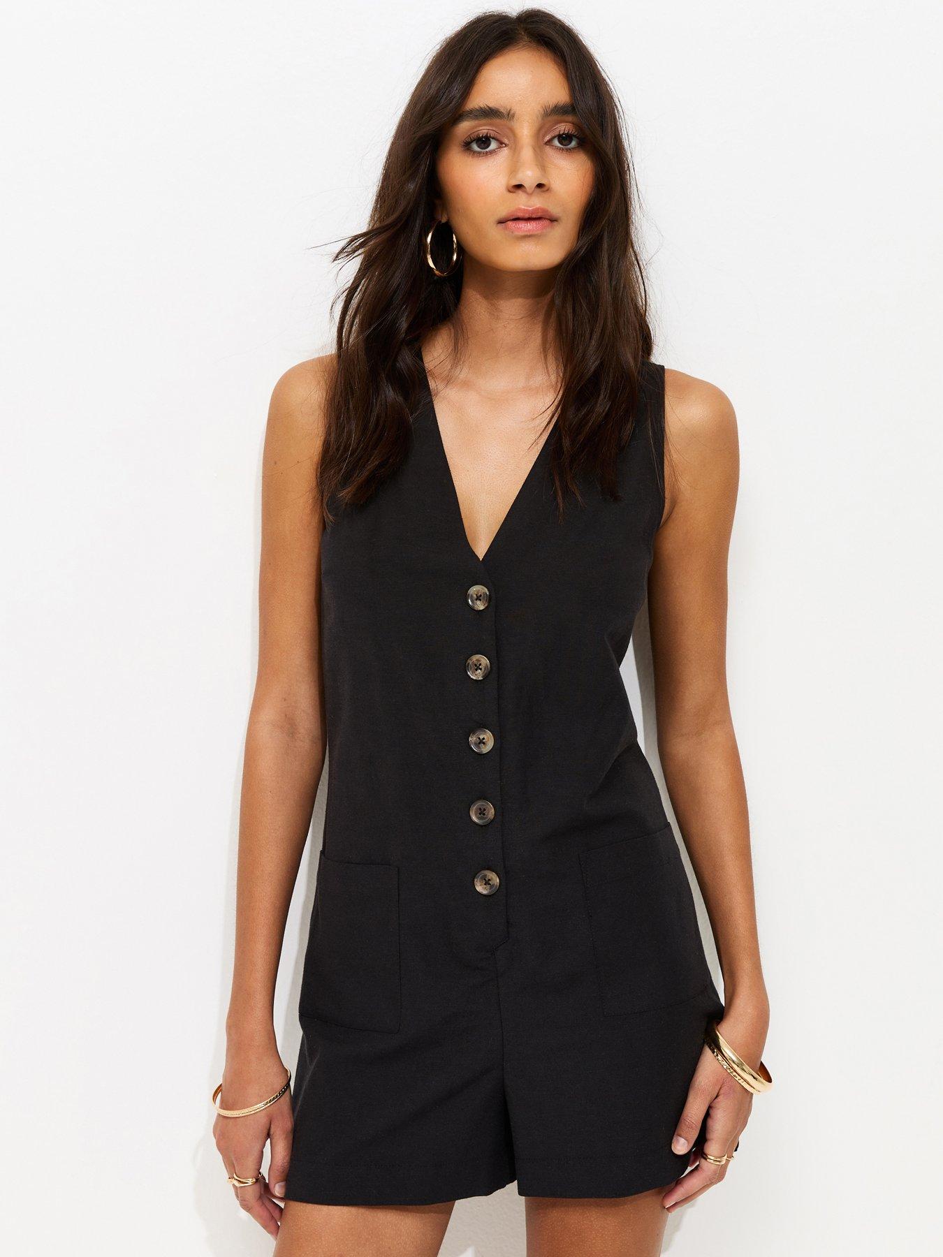 New Look Sleeveless Button Through Playsuit - Black
