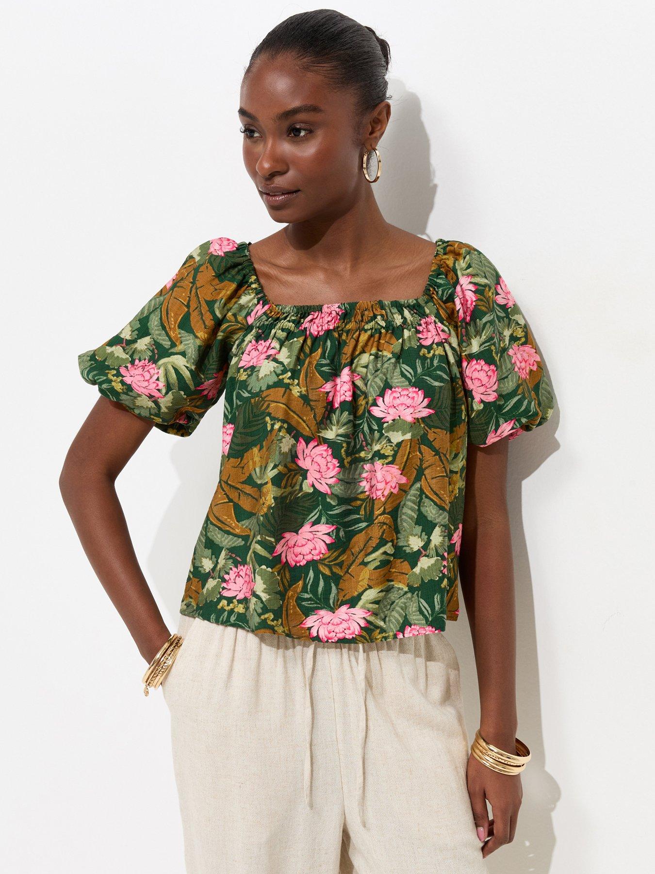 New Look Lotus Print Square Neck Blouse - Green