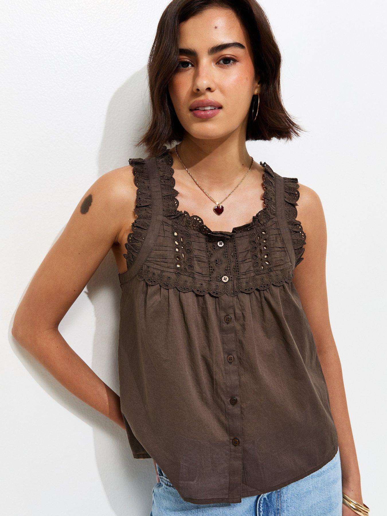 Image 1 of 6 of New Look Embroidered Button Front Cami Top - Brown
