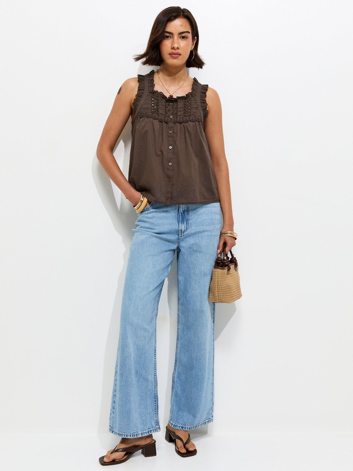 Image 4 of 6 of New Look Embroidered Button Front Cami Top - Brown