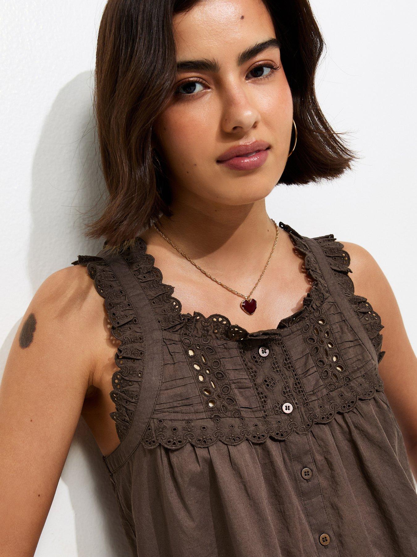 Image 5 of 6 of New Look Embroidered Button Front Cami Top - Brown