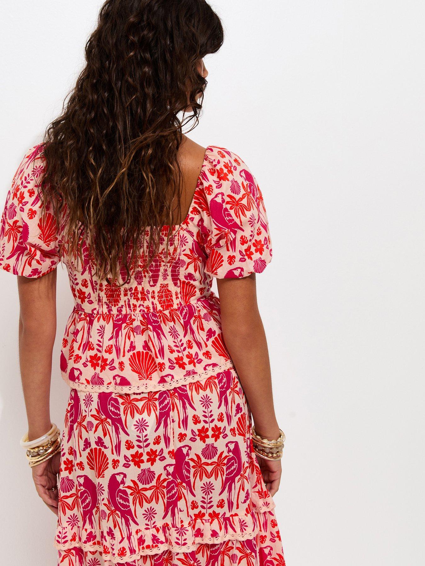 Image 2 of 6 of New Look Cotton Parrot Shell Print Puff Sleeve Co-ord Milkmaid Top - Pink