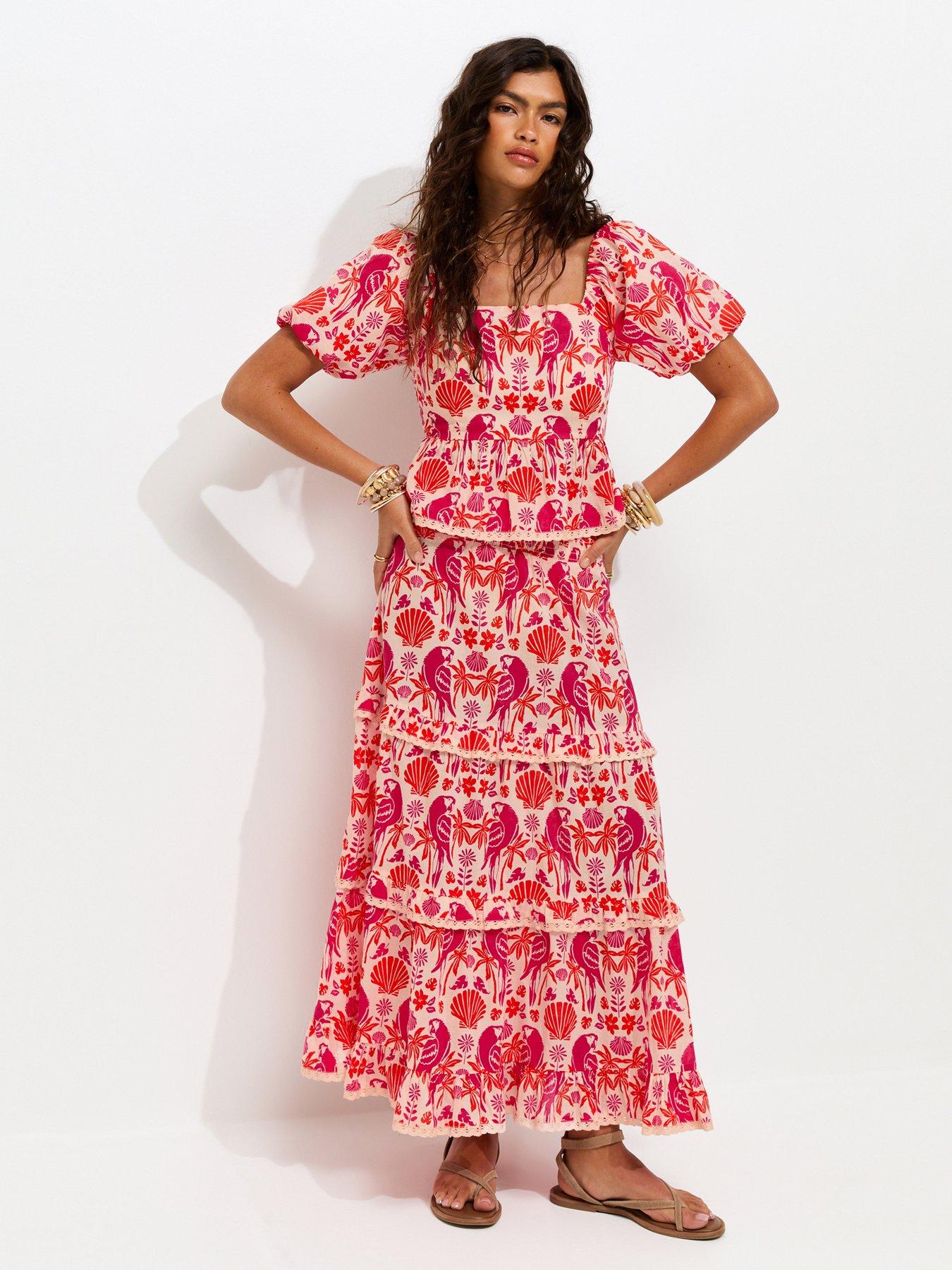 Image 3 of 6 of New Look Cotton Parrot Shell Print Puff Sleeve Co-ord Milkmaid Top - Pink