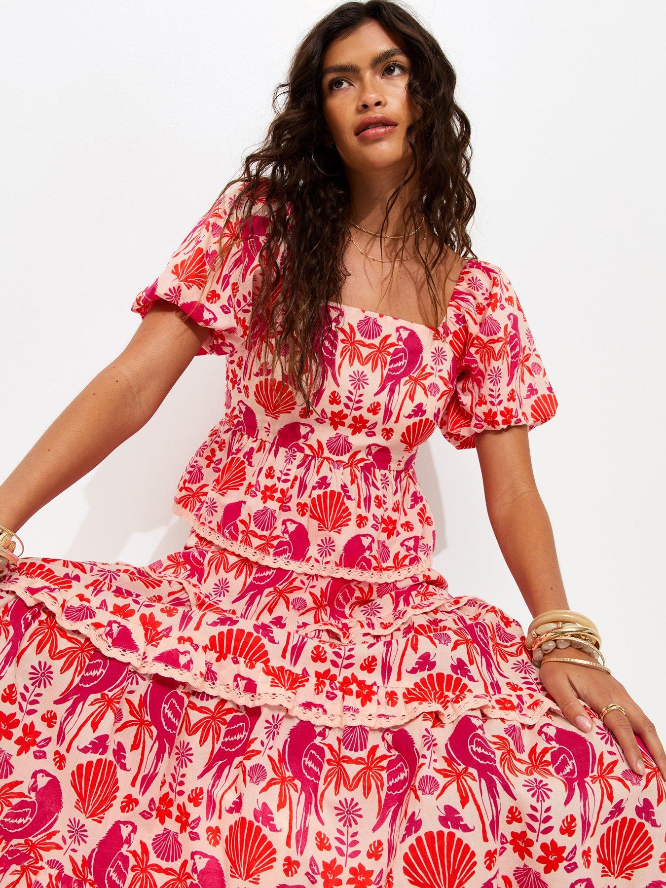 Image 4 of 6 of New Look Cotton Parrot Shell Print Puff Sleeve Co-ord Milkmaid Top - Pink