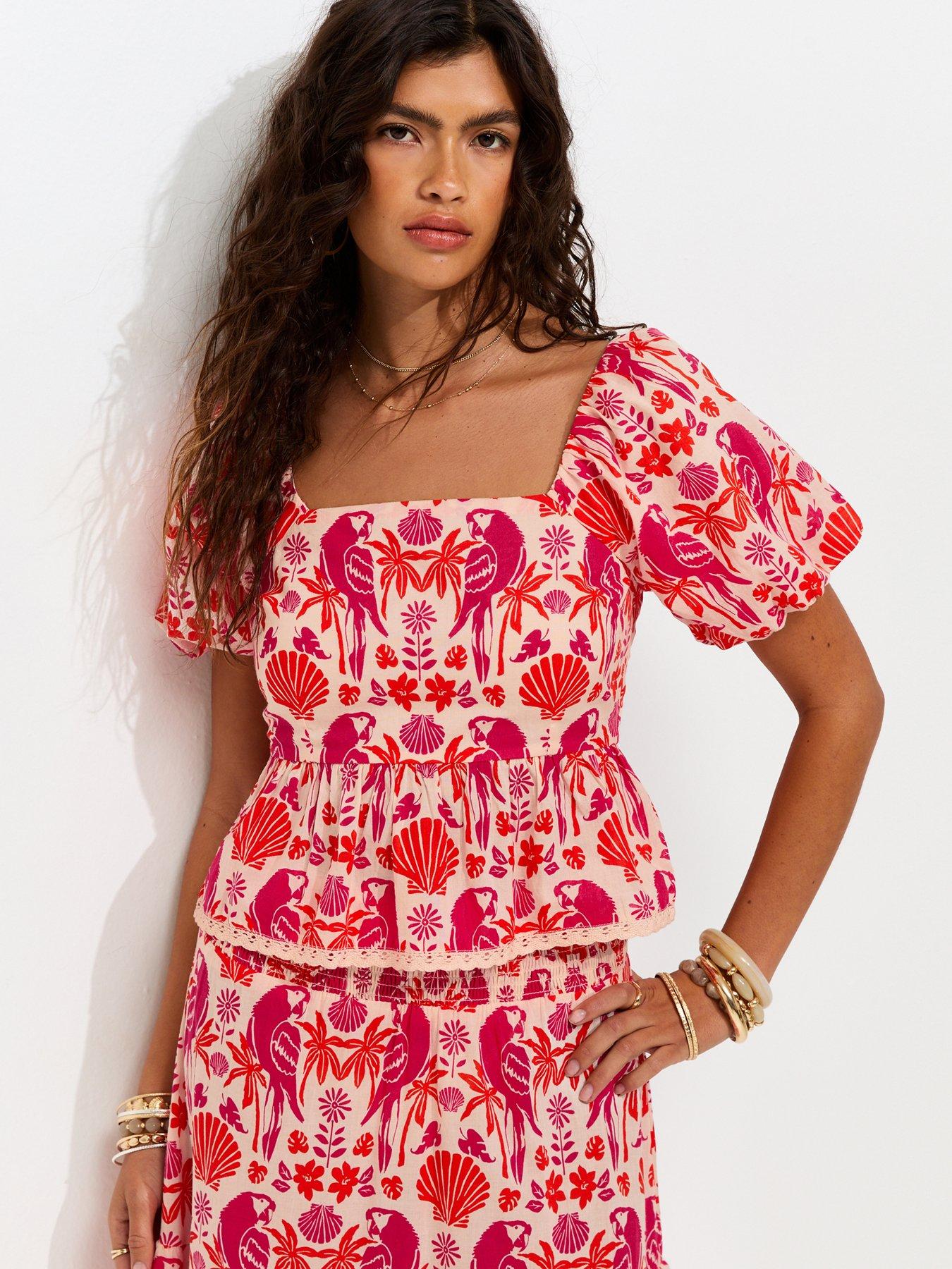 Image 5 of 6 of New Look Cotton Parrot Shell Print Puff Sleeve Co-ord Milkmaid Top - Pink