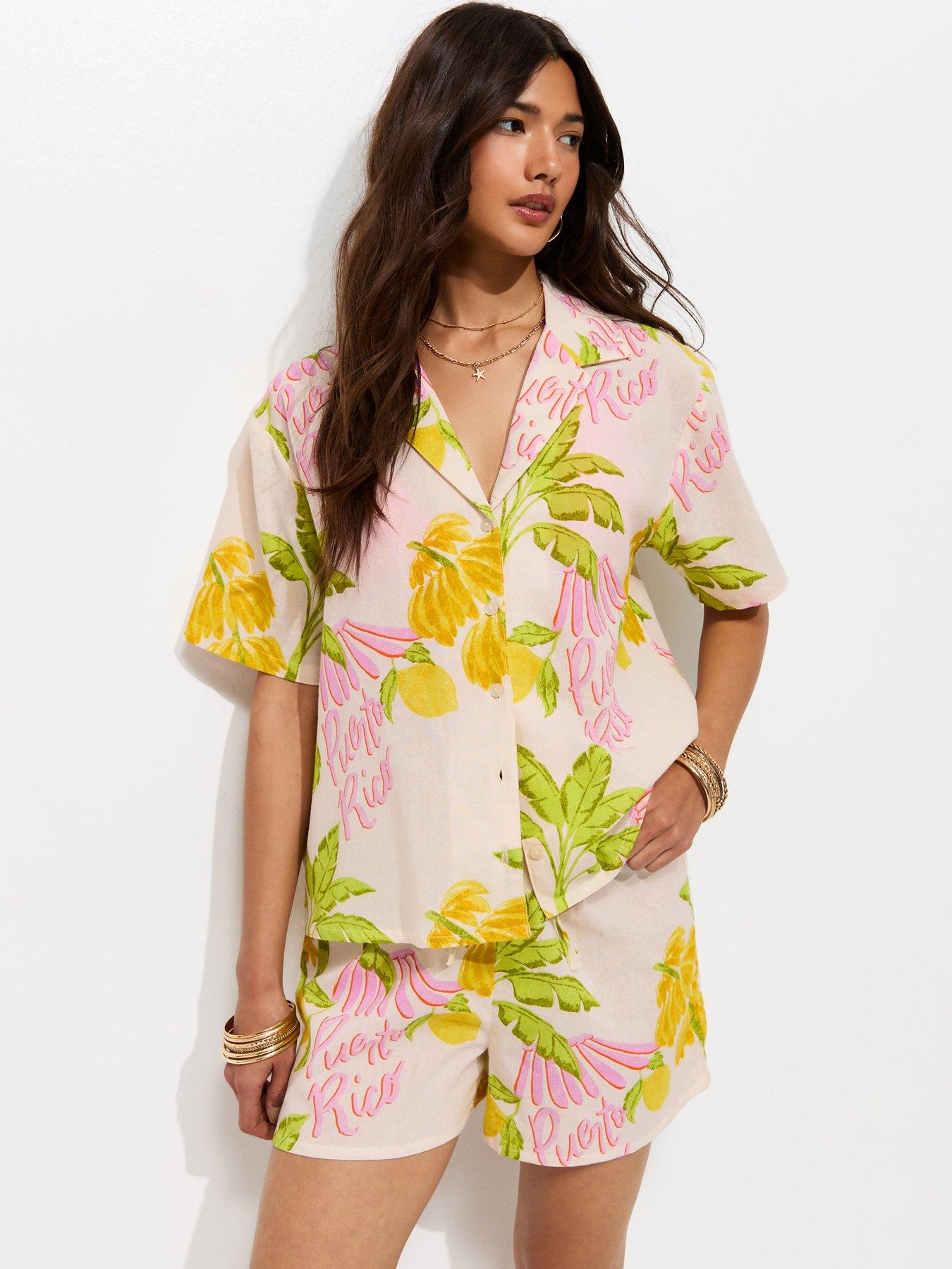 New Look Cotton Palm Co-Ord Resort Shirt - Cream
