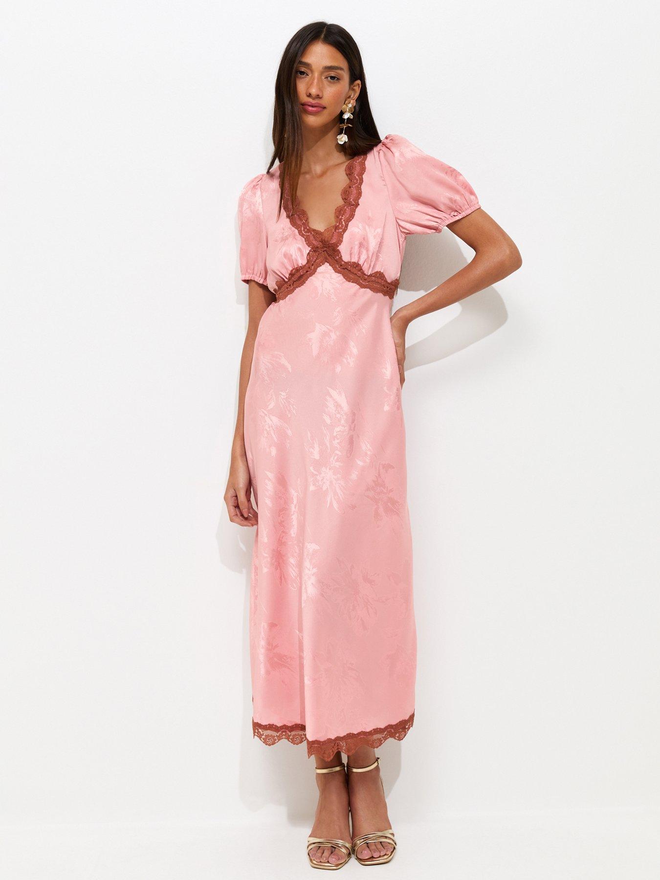 Image 1 of 5 of New Look Satin Jacquard Lace Trimmed Midi Dress - Pink
