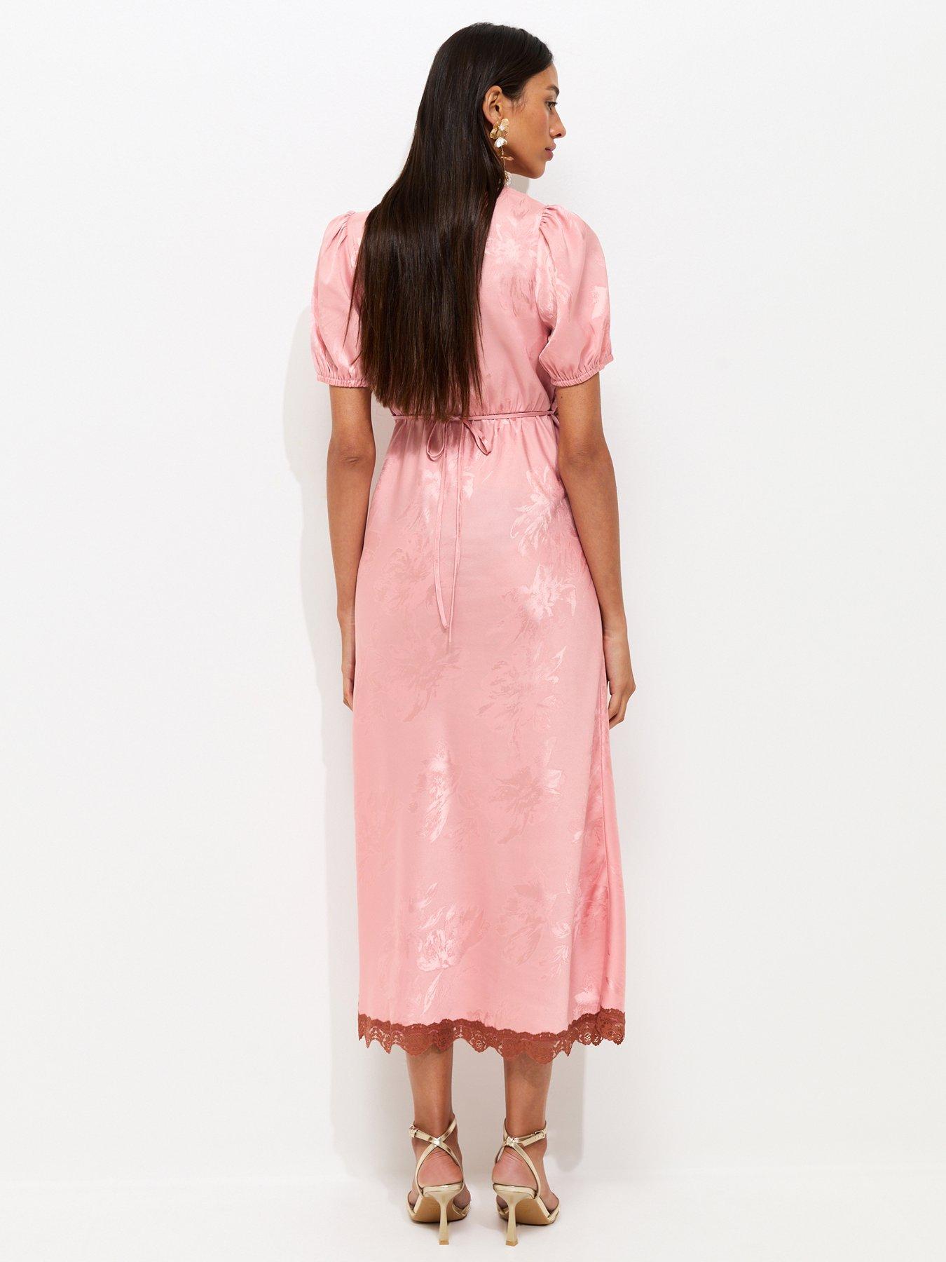 Image 2 of 5 of New Look Satin Jacquard Lace Trimmed Midi Dress - Pink