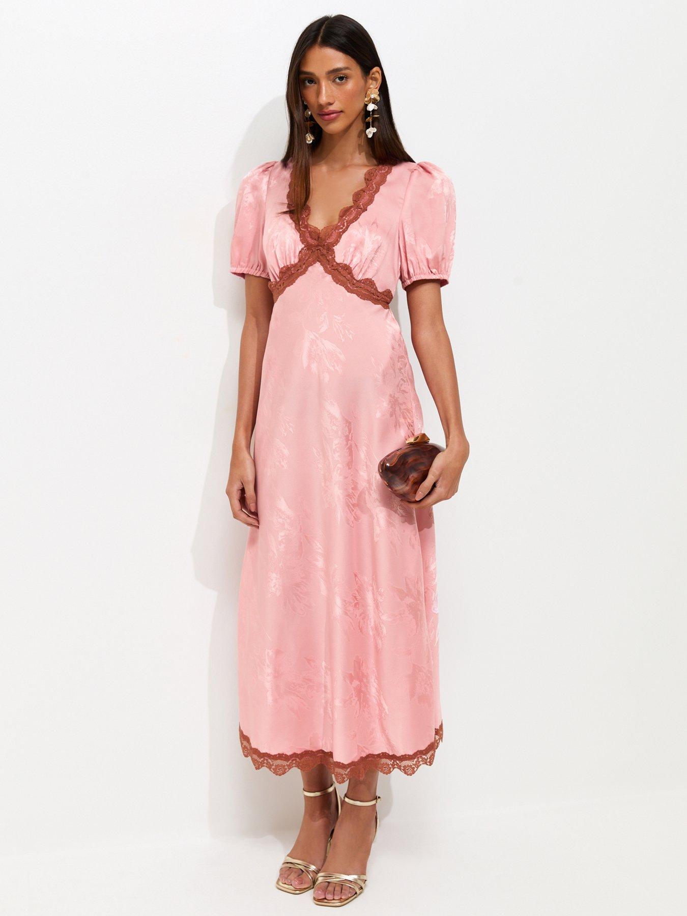Image 3 of 5 of New Look Satin Jacquard Lace Trimmed Midi Dress - Pink