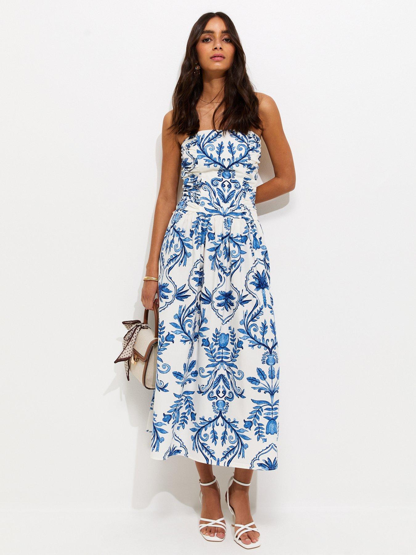 New Look Cotton Leaf Print Bandeau Midi Dress - Blue