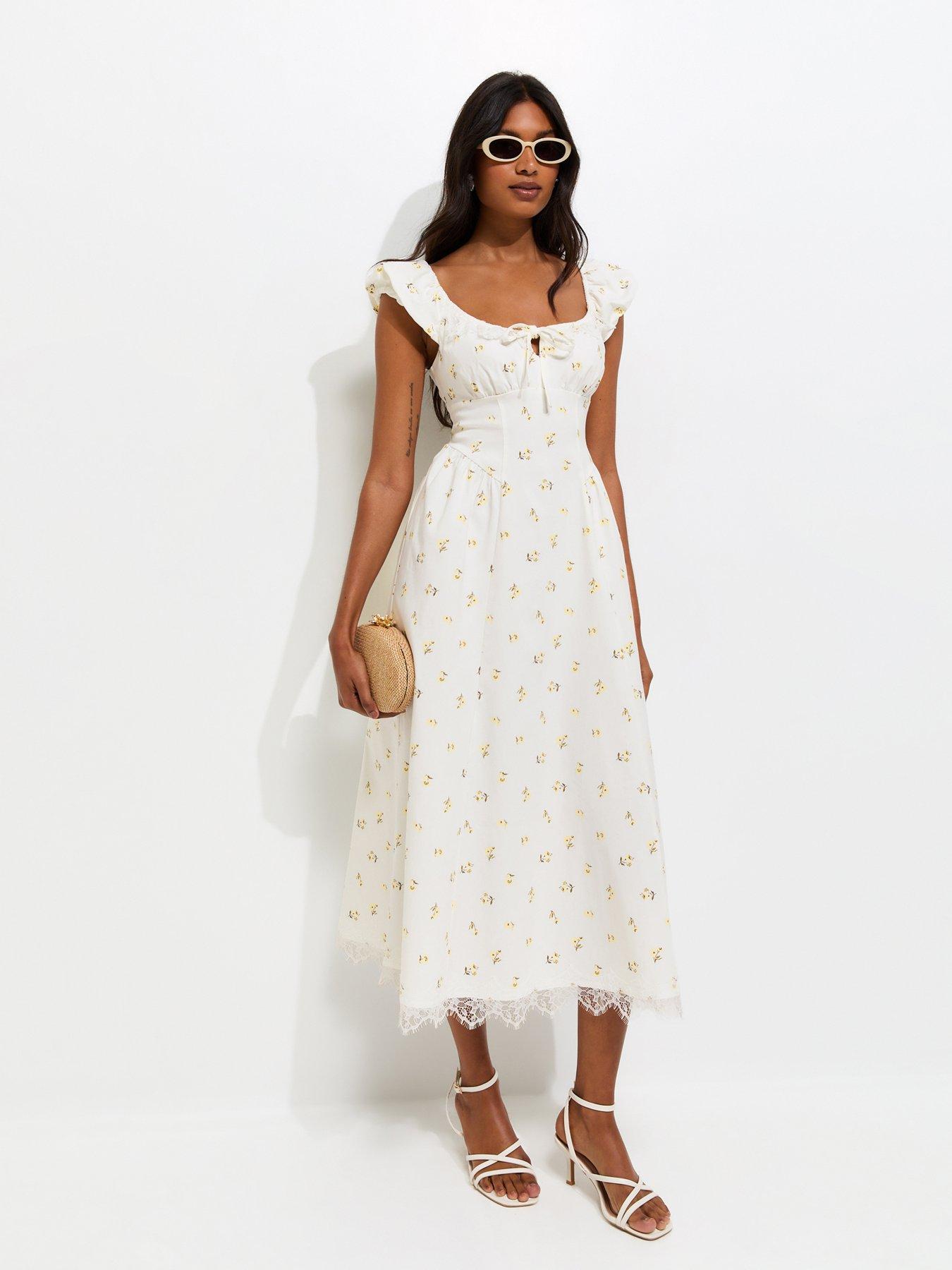 New Look Rose Print Milkmaid Midi Dress - Cream