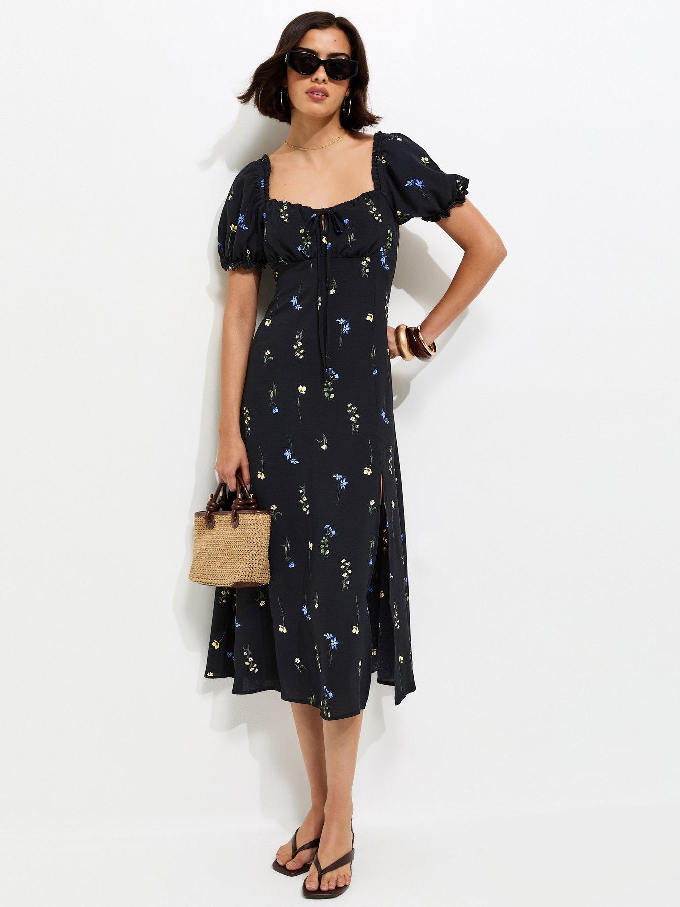 New Look Floral Print Milkmaid Midi Dress - Black