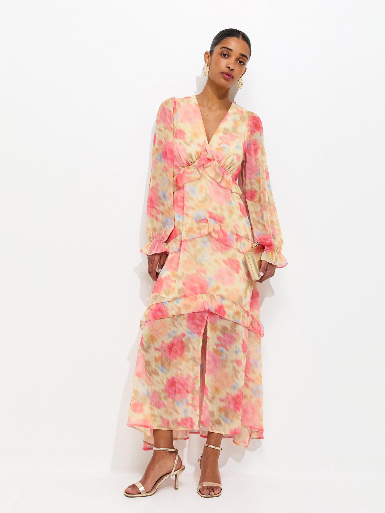 New Look Pink Chiffon Floral Long Sleeve Midi Dress