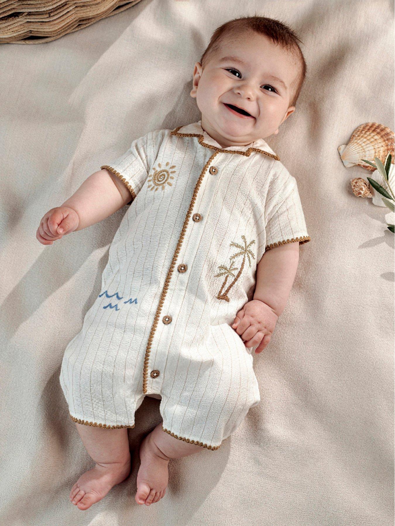 Mamas & Papas Baby Boys Holiday Embroidered Shirt Romper - Cream