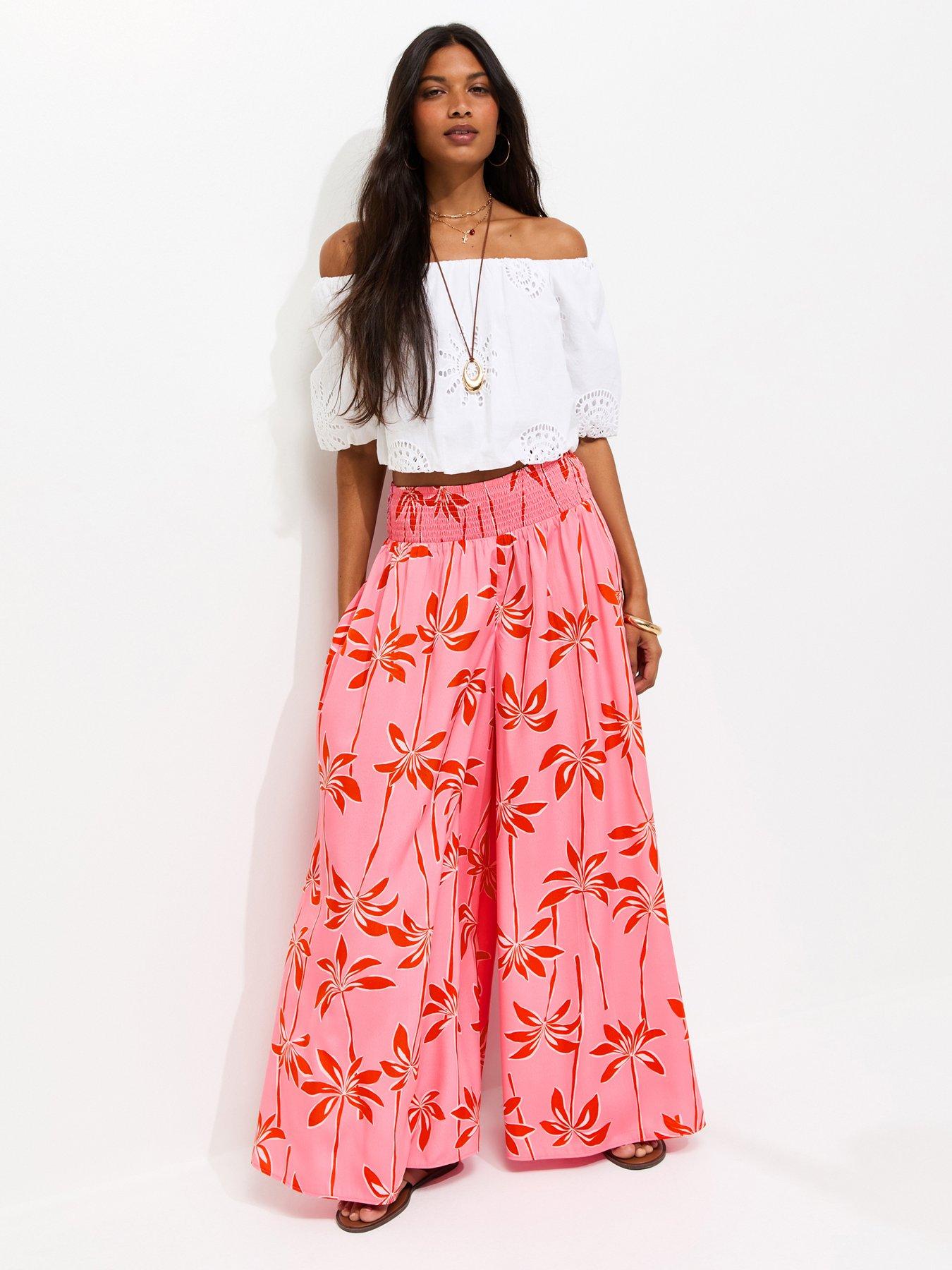 New Look Crepe Palm Tree Print Palazzo Trousers - Pink