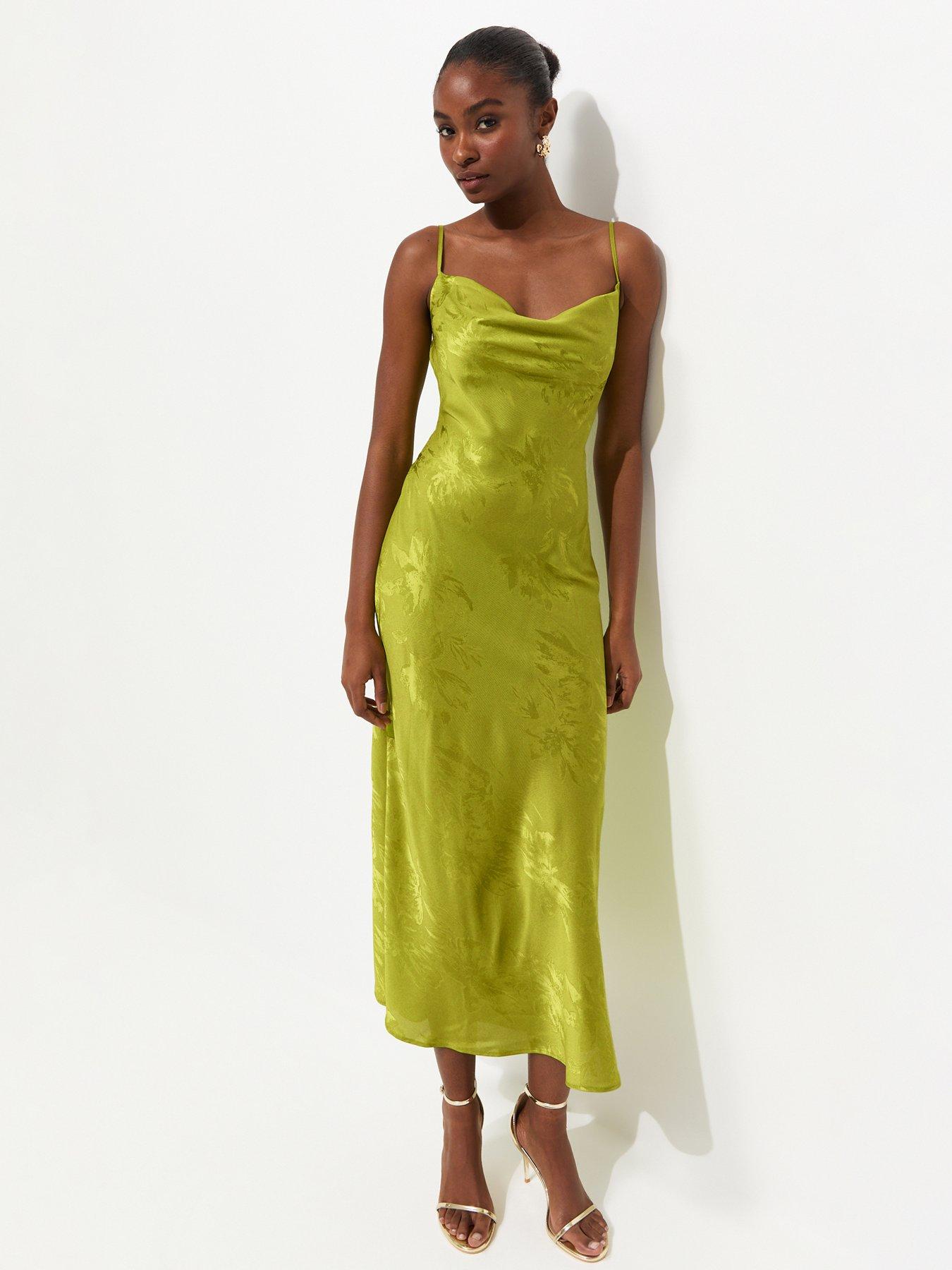 Image 1 of 5 of New Look Floral Jacquard Cowl Neck Strappy Midi Dress - Bright Green