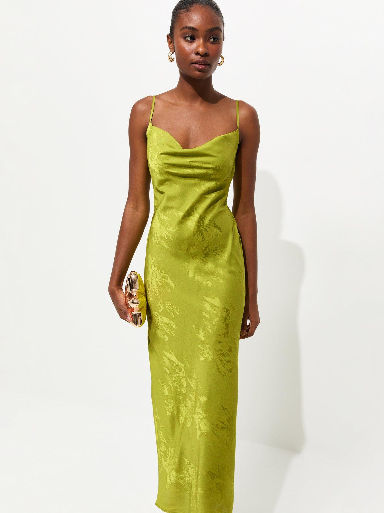 Image 3 of 5 of New Look Floral Jacquard Cowl Neck Strappy Midi Dress - Bright Green