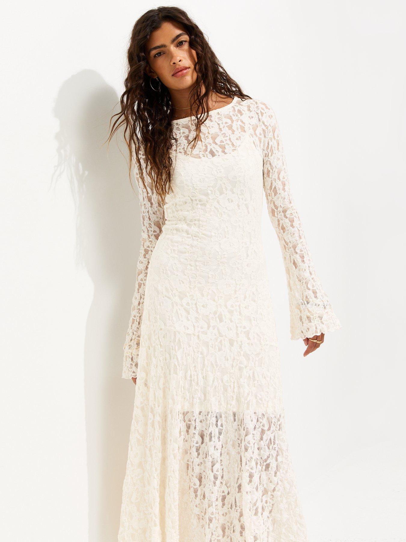 New Look Lace Long Sleeve Midi Dress - Cream