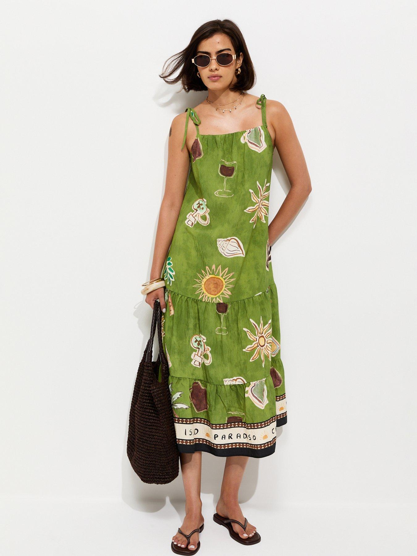 New Look Border Print Tiered Midi Dress - Green