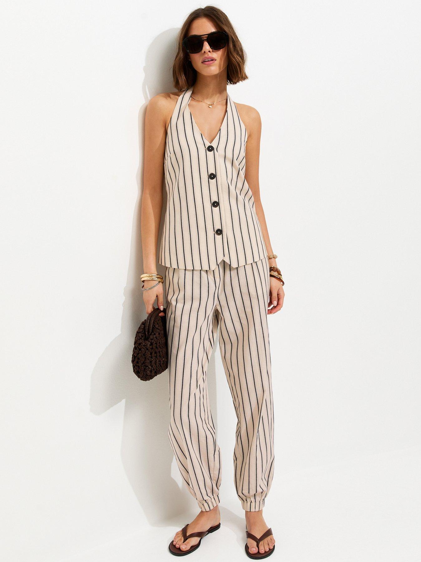 New Look Cotton Stripe Tailored Cuffed Trousers - Cream