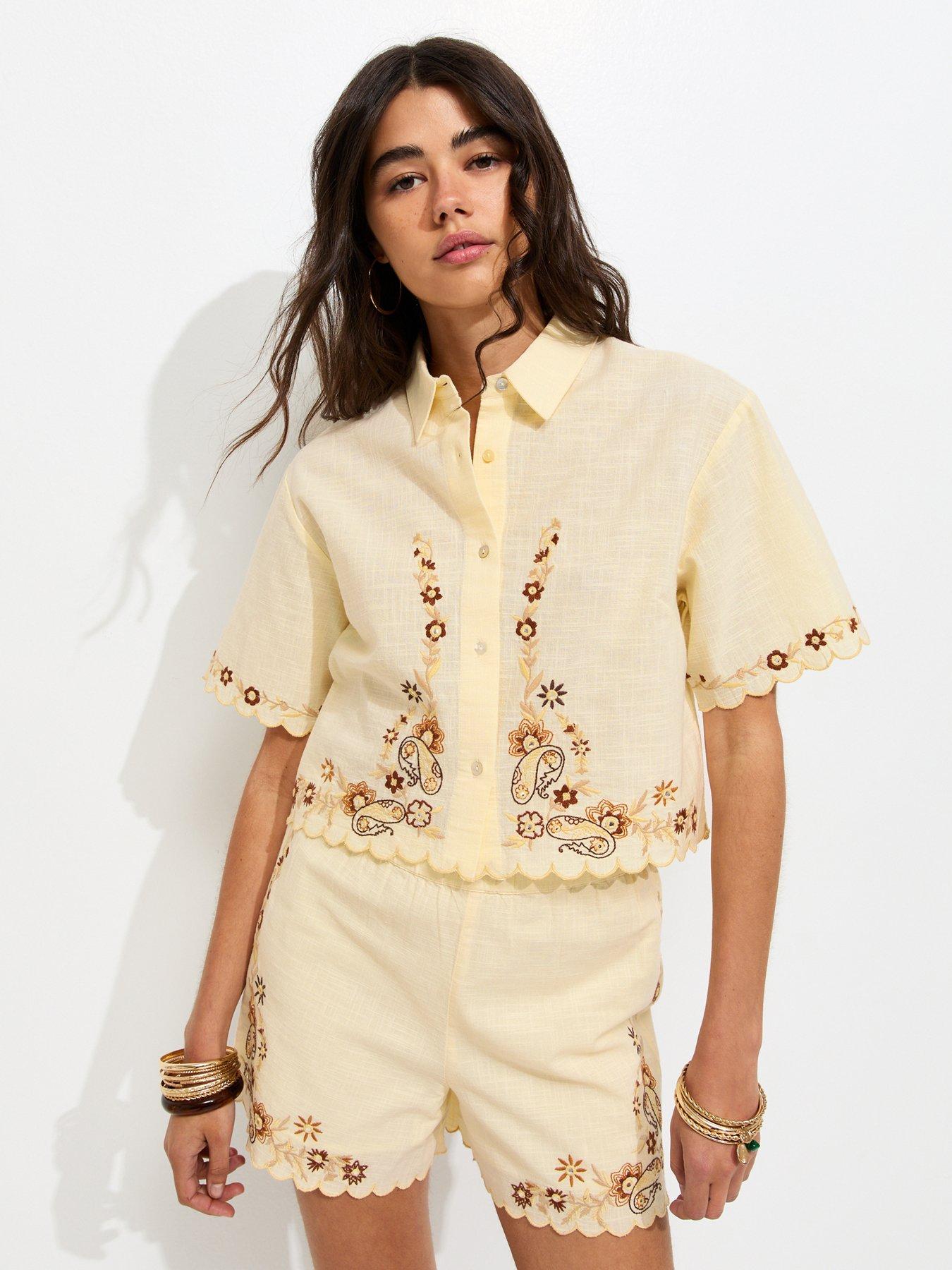 New Look Cream Cotton Floral Embroidered Cropped Co-ord Shirt