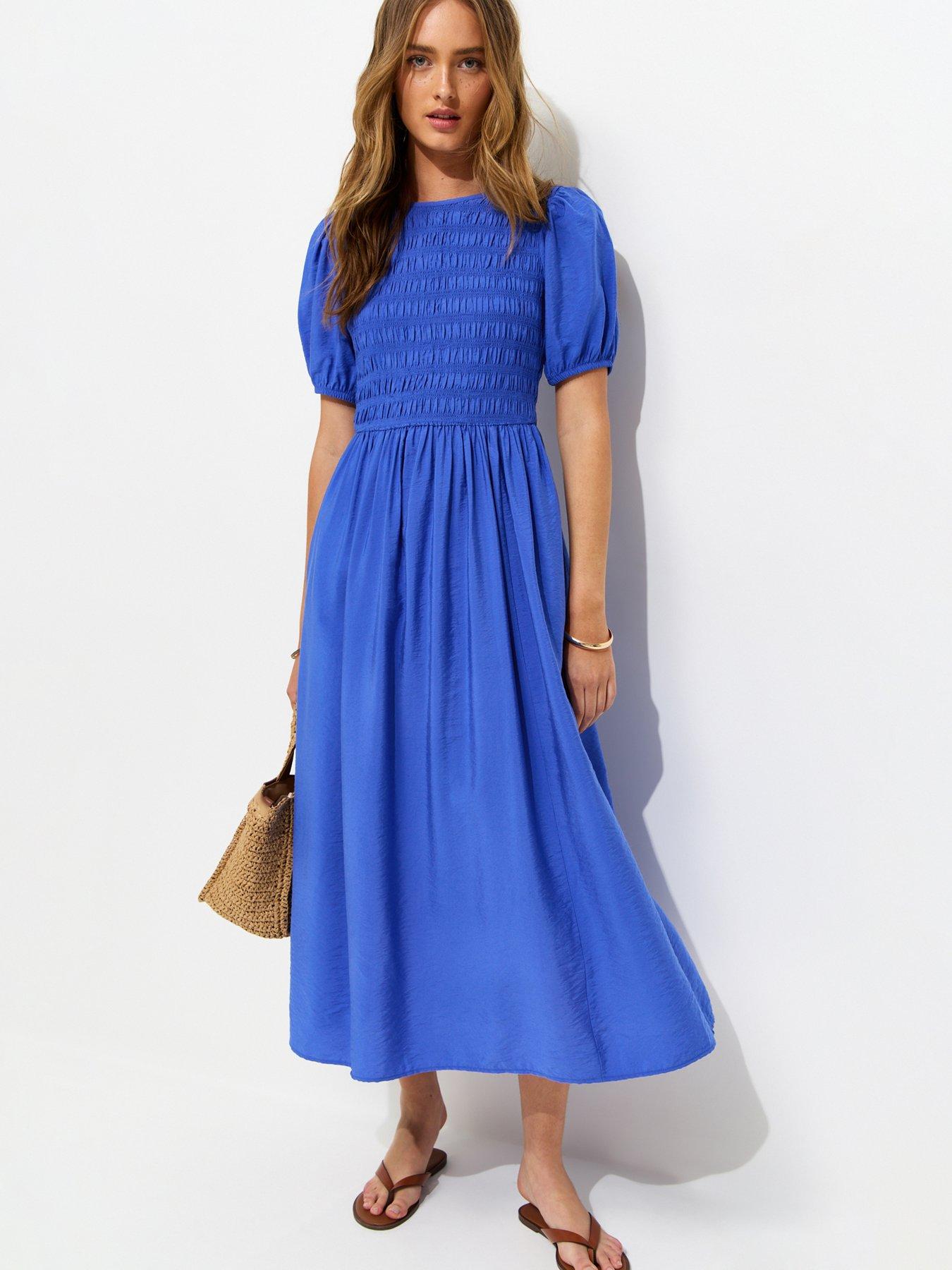 New Look Shirred Body Short Sleeve Midi Dress - Bright Blue