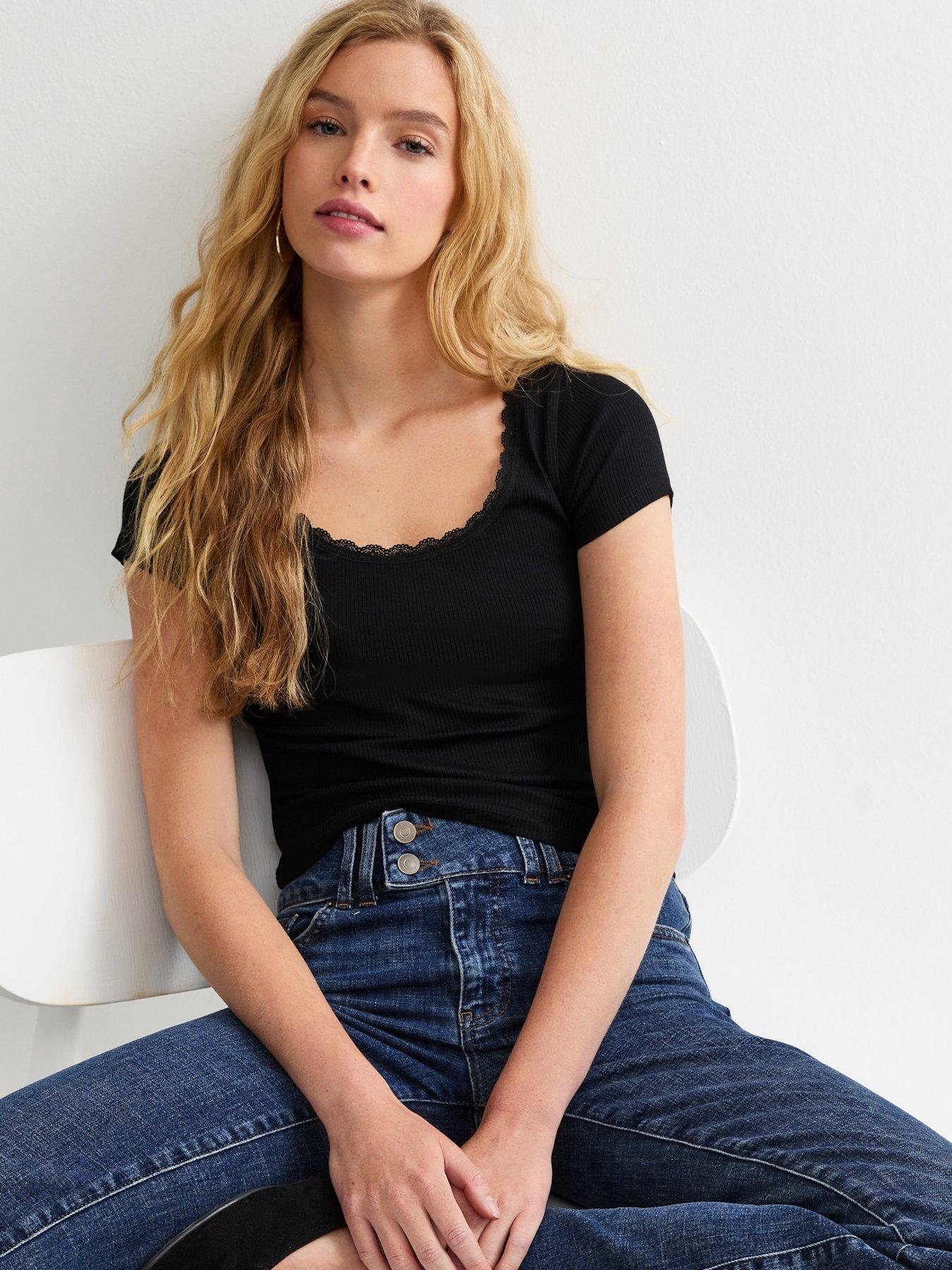 New Look Black Lace Trim Scoop Neck T-shirt