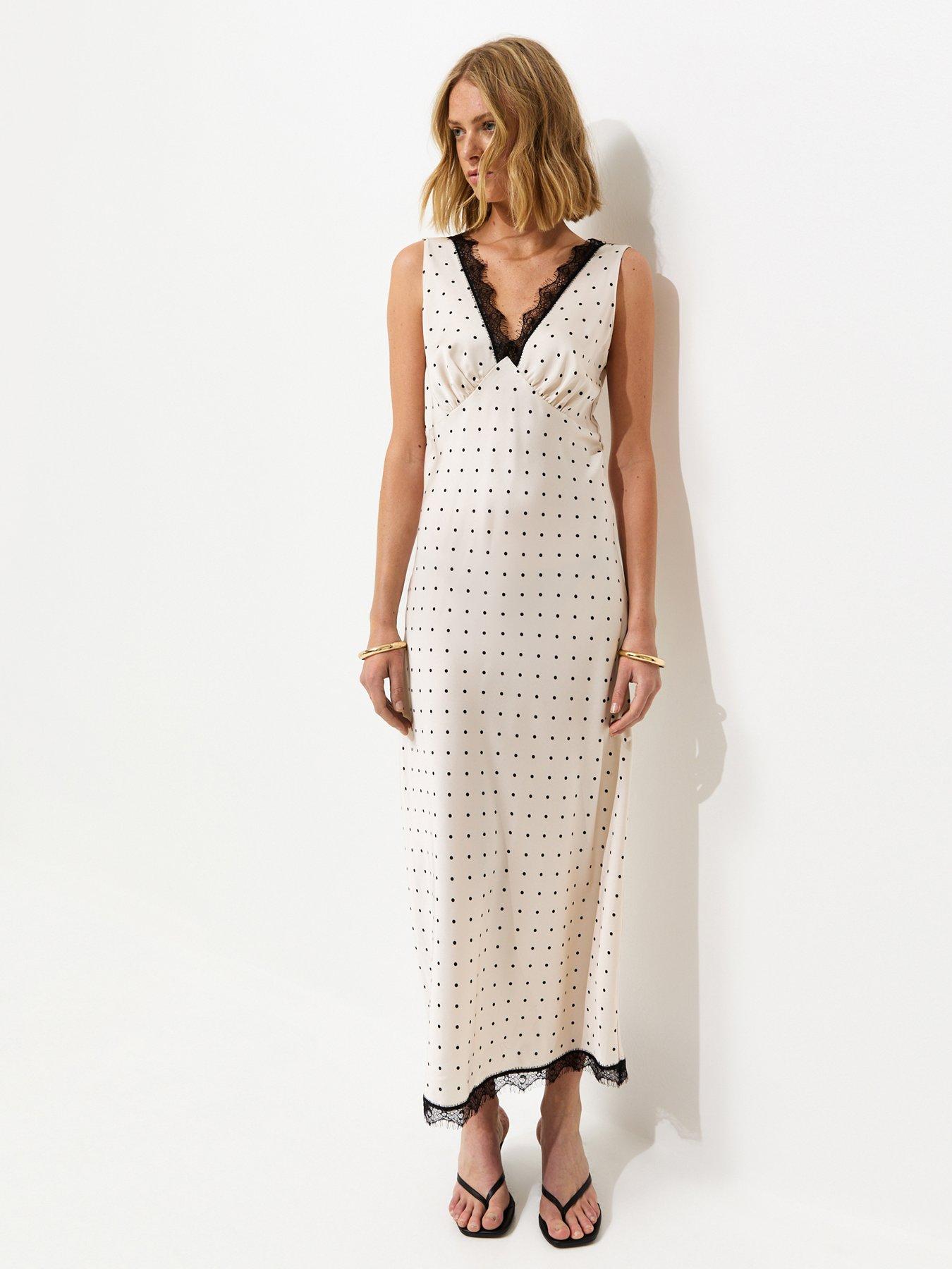 New Look Polka Dot Satin Lace Midi Dress - Cream