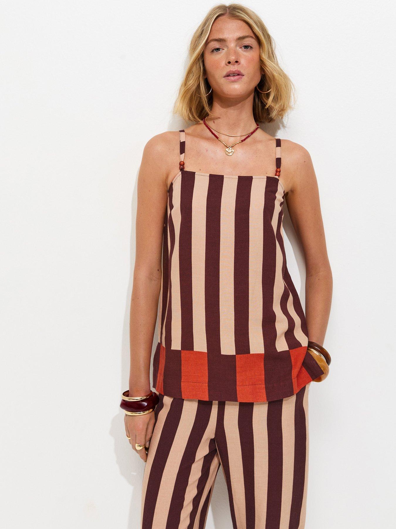 New Look Striped With Linen Longline Co-Ord Cami Top - Brown