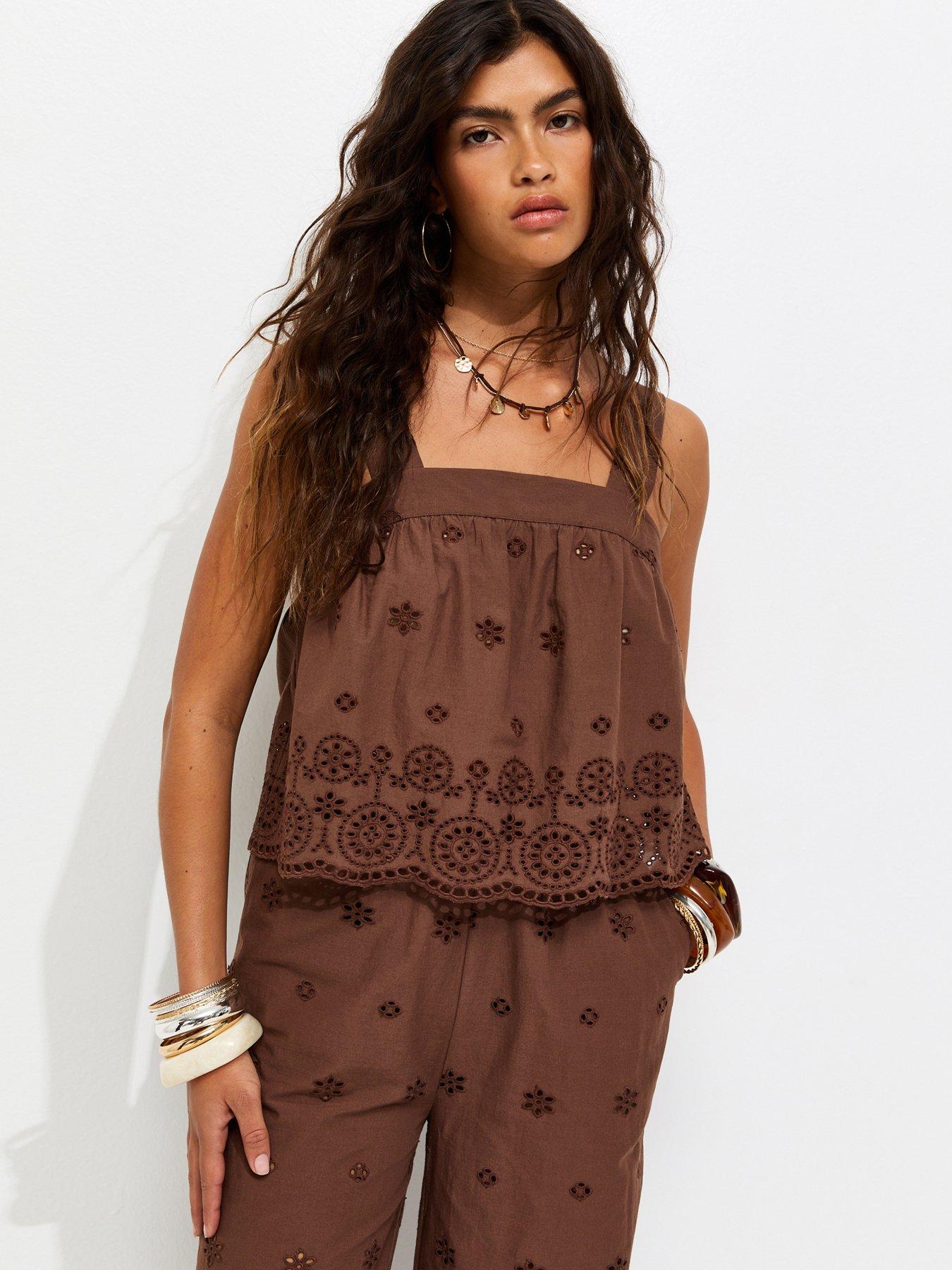 New Look Cotton Broderie Embroidered Scalloped Hem Co-Ord Cami Top - Dark Brown