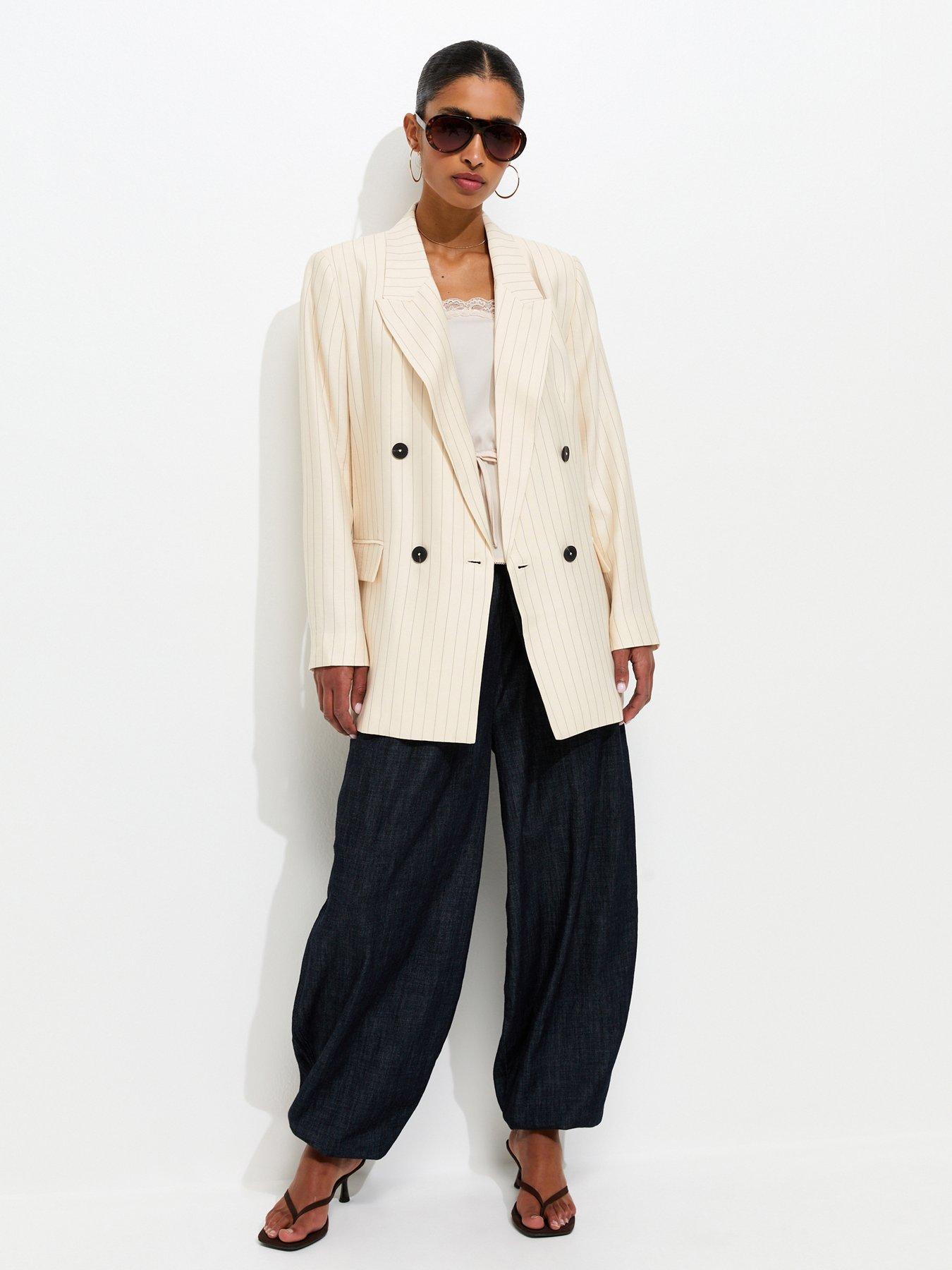 New Look Pinstripe Double Breasted Blazer - White