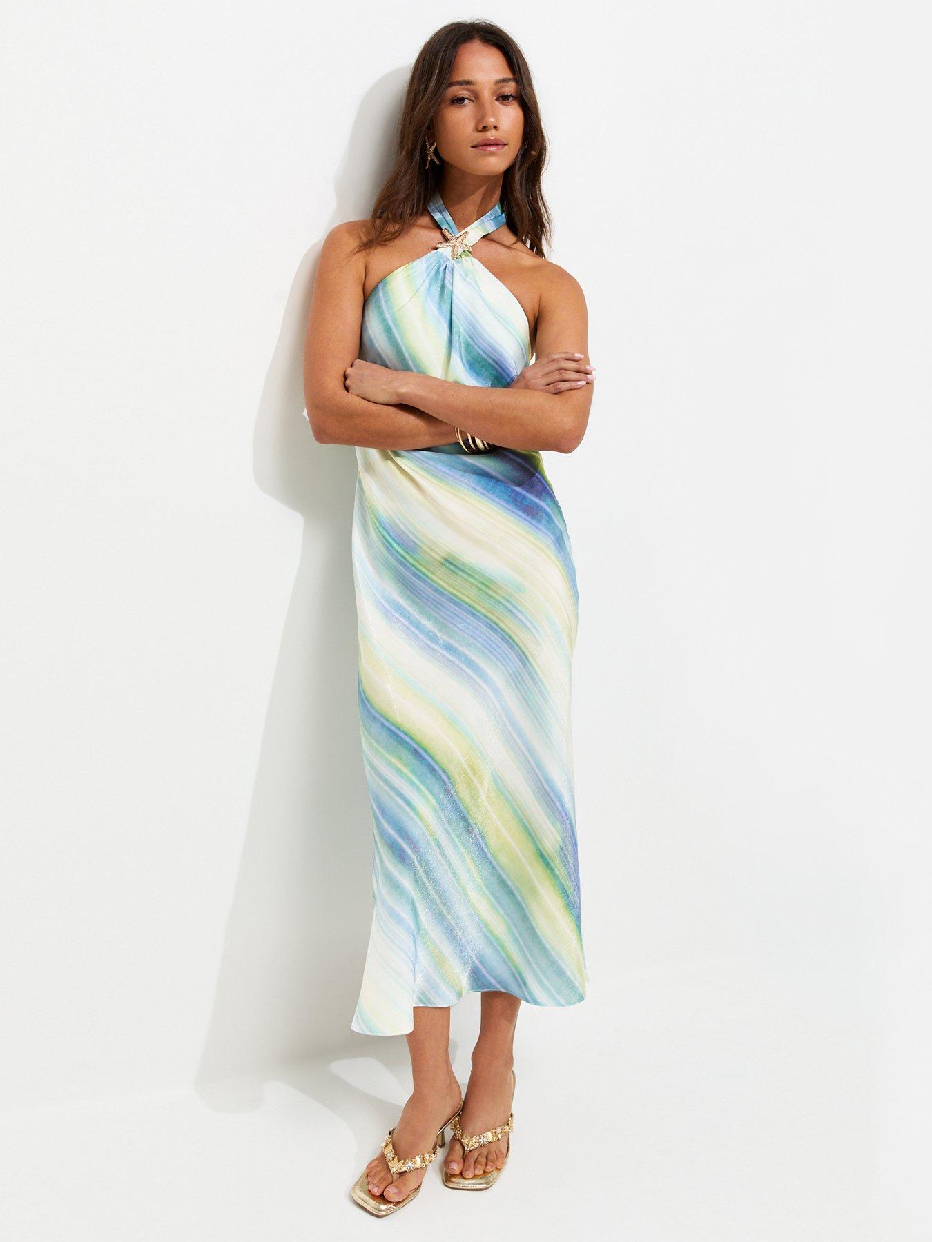 New Look Blue Diagonal Blurry Stripe Halterneck Midi Dress | Littlewoods