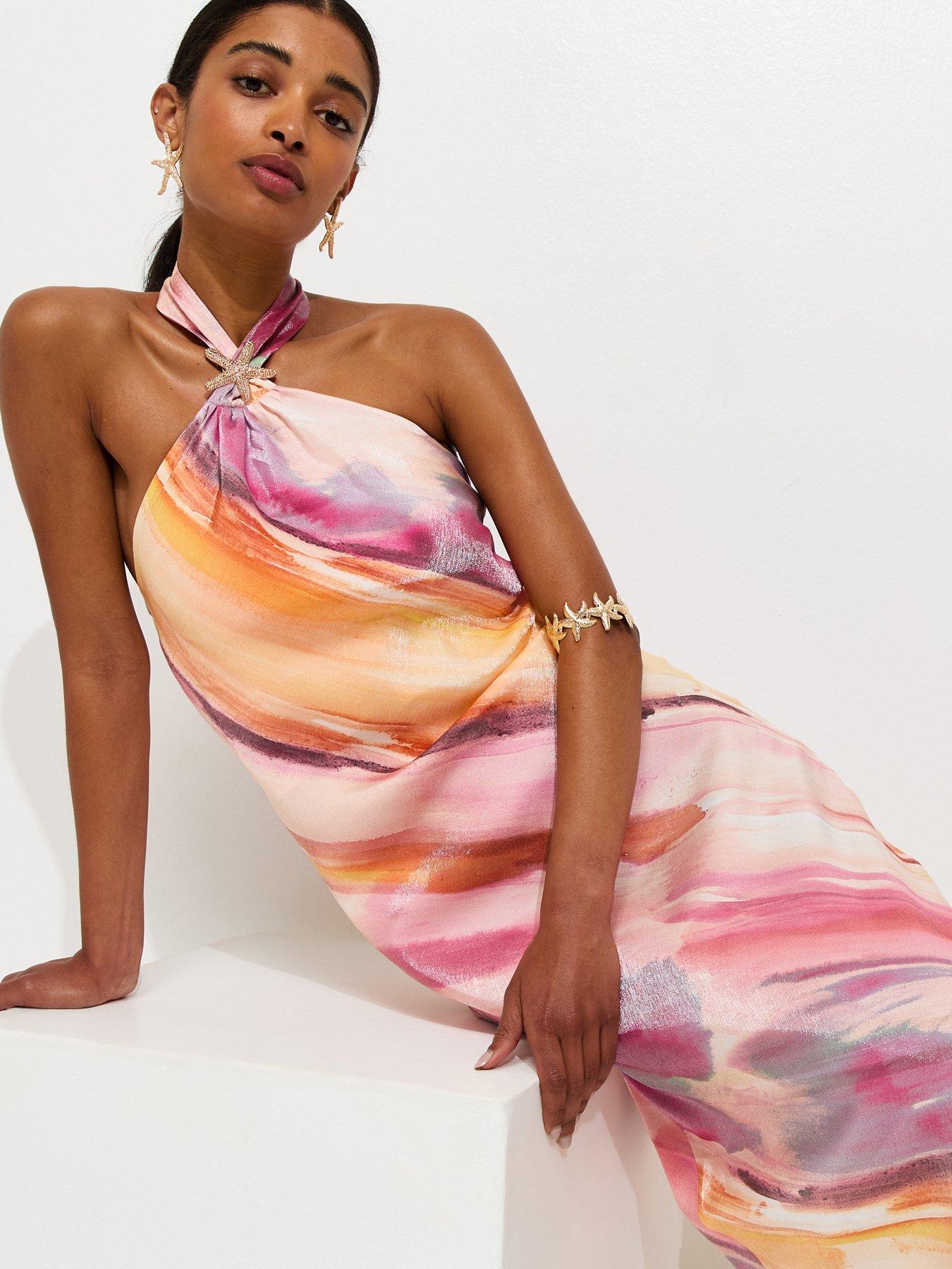 New Look Diagonal Blurry Stripe Halterneck Midi Dress - Multi