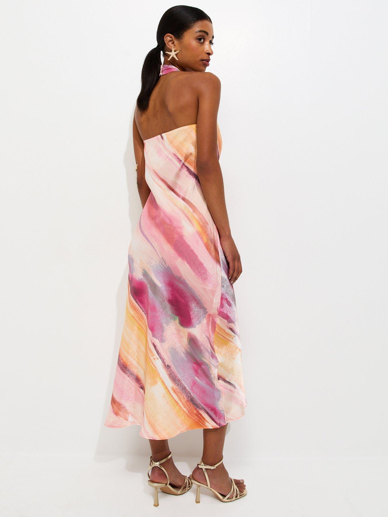 Image 2 of 5 of New Look Diagonal Blurry Stripe Halterneck Midi Dress - Multi