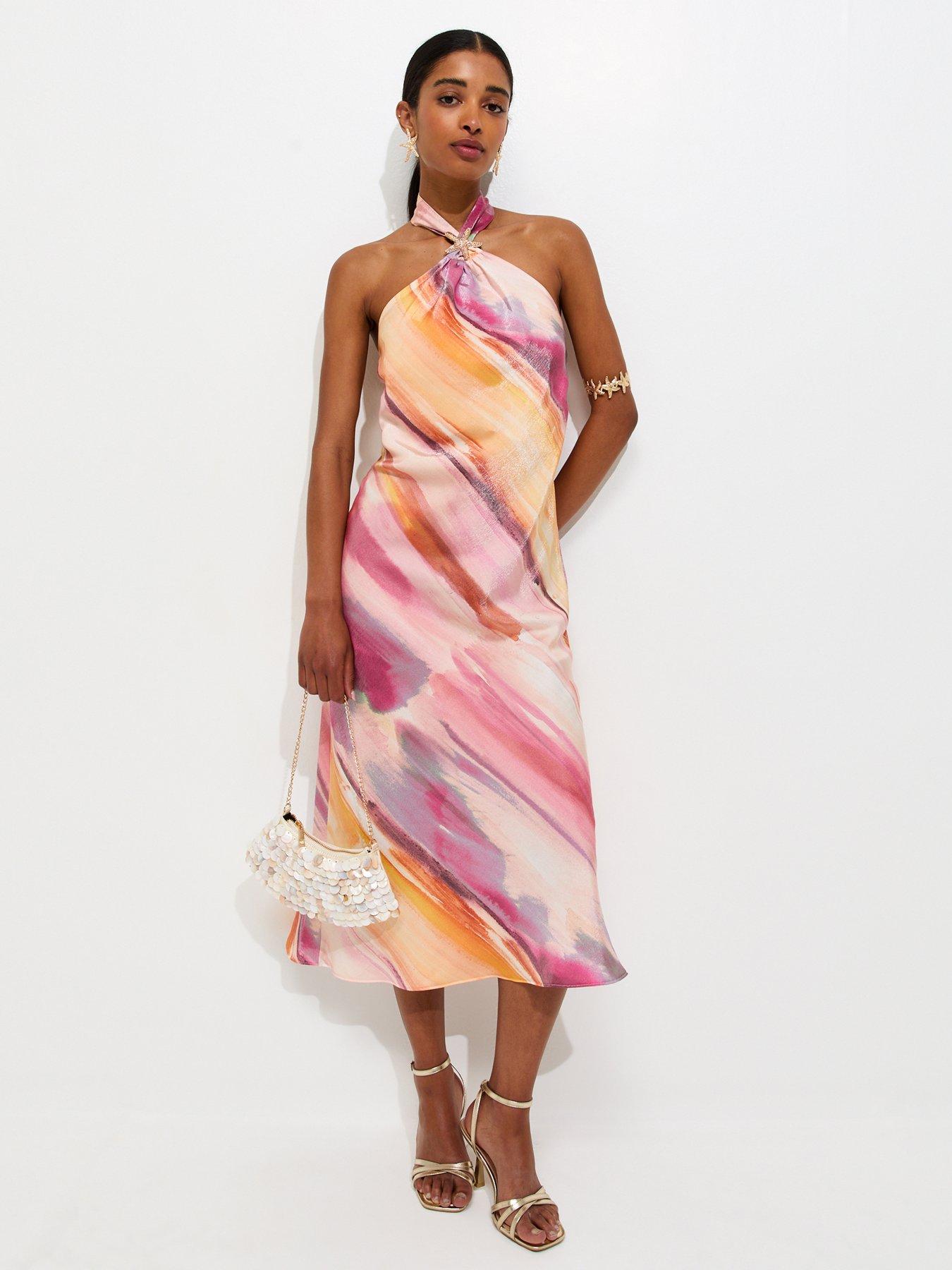 New Look Pink Diagonal Blurry Stripe Halterneck Midi Dress | Littlewoods
