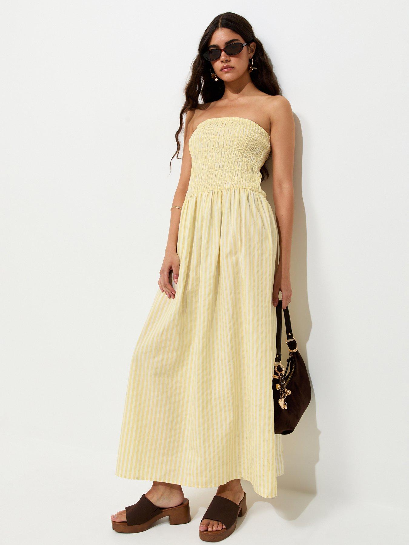 New Look Striped Shirred Bandeau Dress - Yellow
