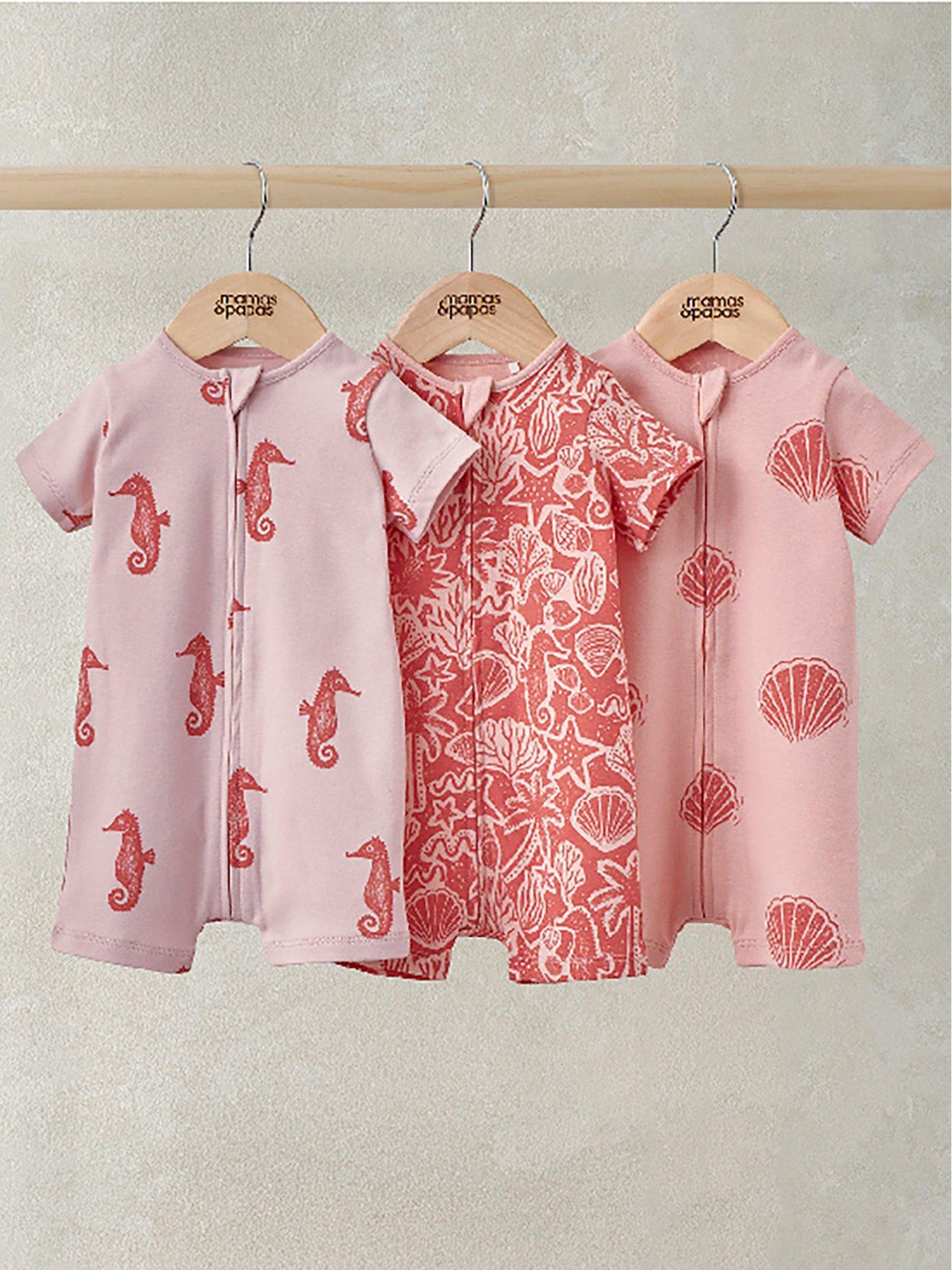 Mamas & Papas Baby Girls 3 Pack Seahorse Rompers - Pink