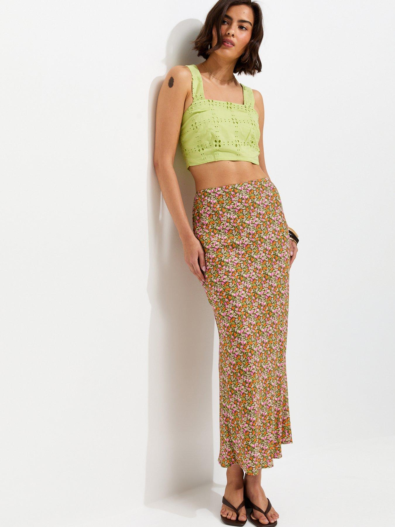 New Look Floral Print Midi Skirt - Green